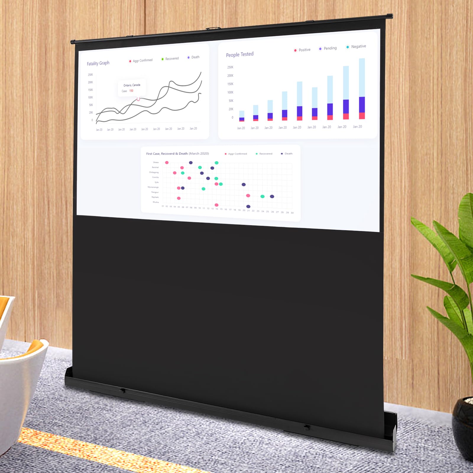 Écran de projection 80 pouces 16:9, mobile, business et home cinéma, vidéoprojecteur portable 4K et 8K Ultra Pull-up HD Projecteur au sol Écran avec support, réglable pour présentation home cinéma
