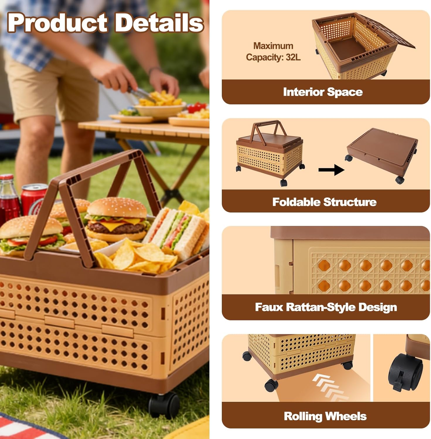 Picnic Basket with Lid and Handle – Collapsible Plastic Basket with Vintage Woven-Style Texture and Removable Swivel Wheels, Stable for Outdoor Picnic, Shopping, Storage, Camping, Decorative - Image 4