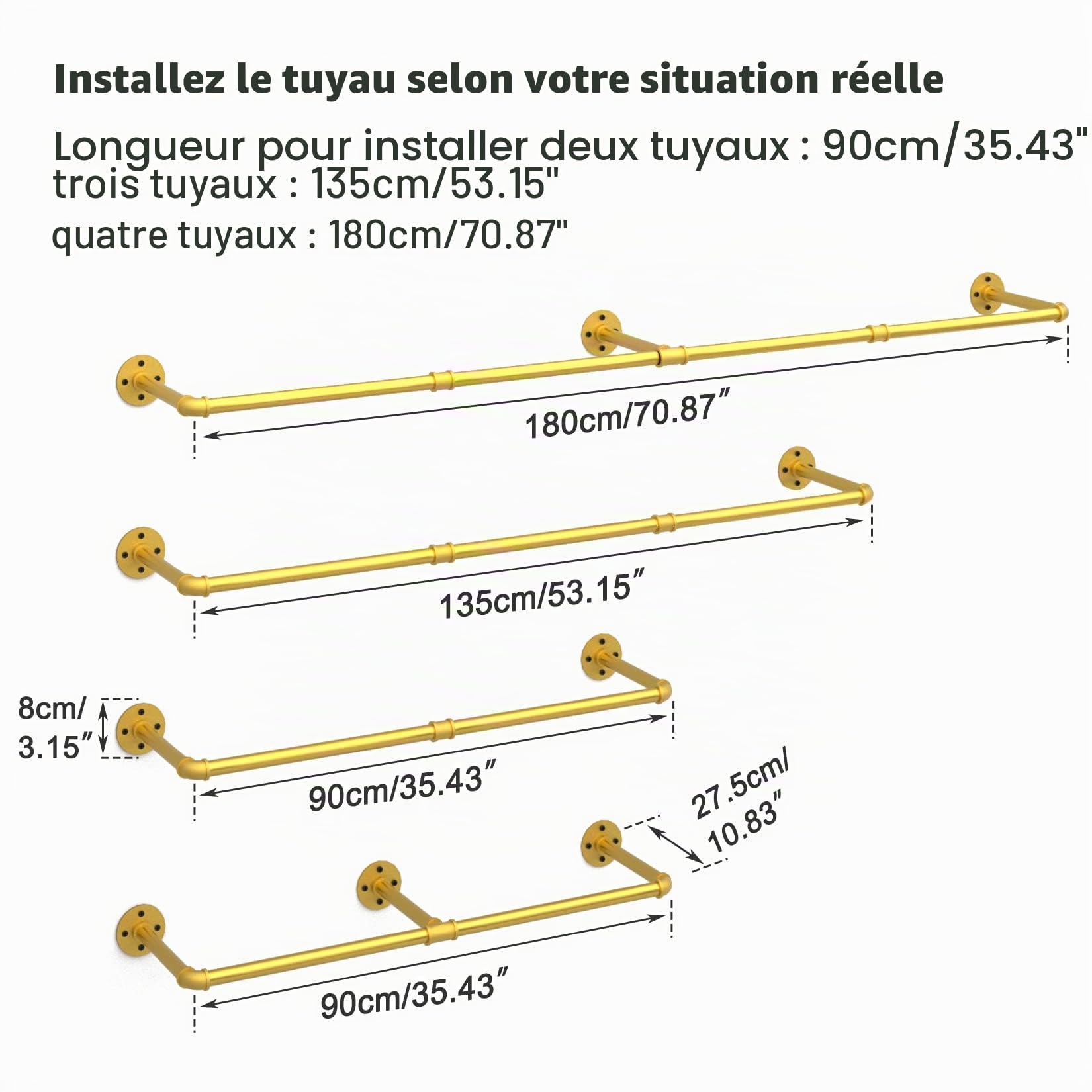 unho Penderie Murale Vêtement Suspendue: Portant à Vêtement Mural Industriel Solide Porte Manteau Mural Design Tringle Vêtement Murale Amovible - 180x28x2.5cm Doré