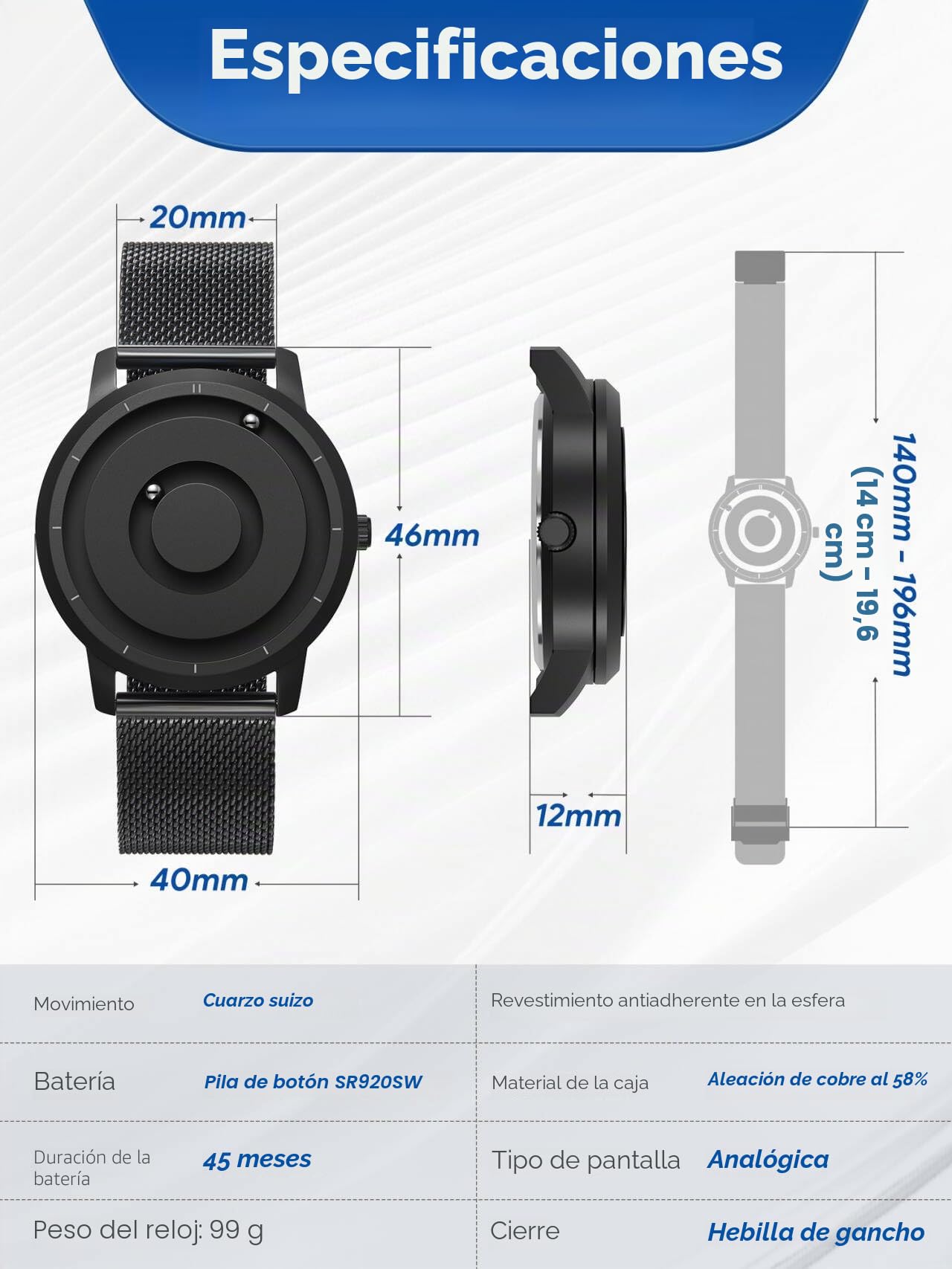 EUTOUR Relojes para Hombre de Bolas Magnéticas, Espejo Esfera de 40mm, 5ATM Impermeable, Reloj Analógico de Cuarzo con Correa de Silicona