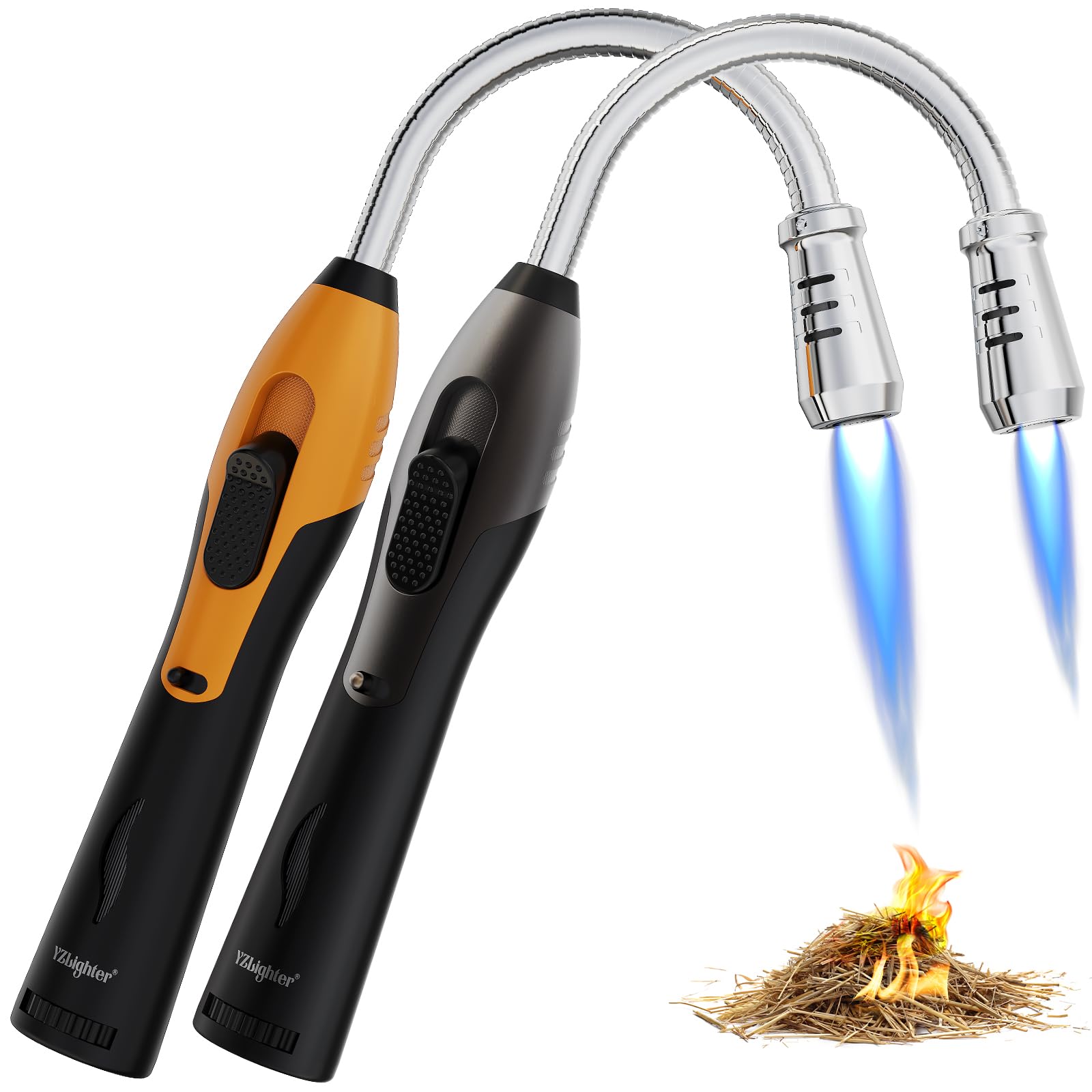 YZLighter 2 Pack Butane Lighter Long Torch Lighter for Grill, Refillable Candles Lighter with Fuel Window Flexible Long Lighter for Fireplace BBQ (No Butane Included), Black and Oranger