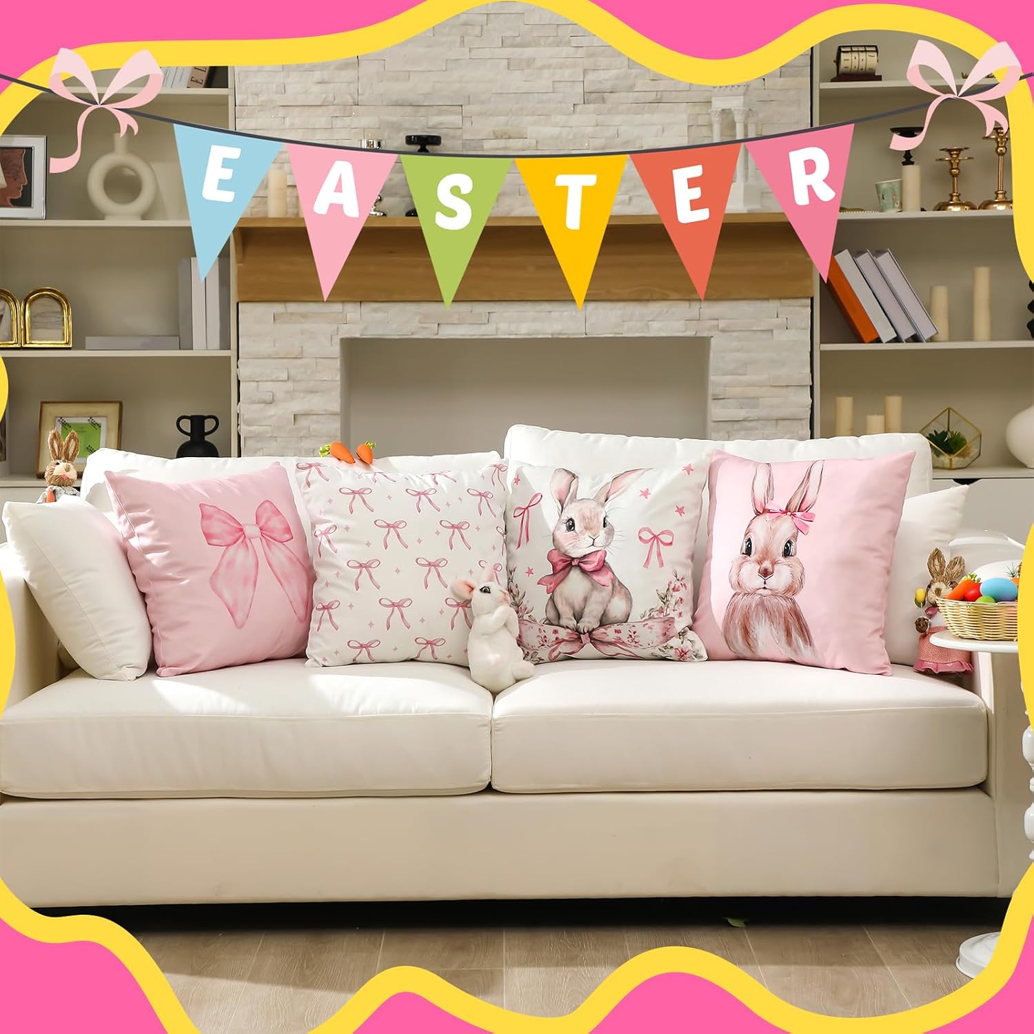 Weysat 4 Pack Bunny Bow Pillow Covers 18x18 Pink Coquette Spring Rabbit image 2