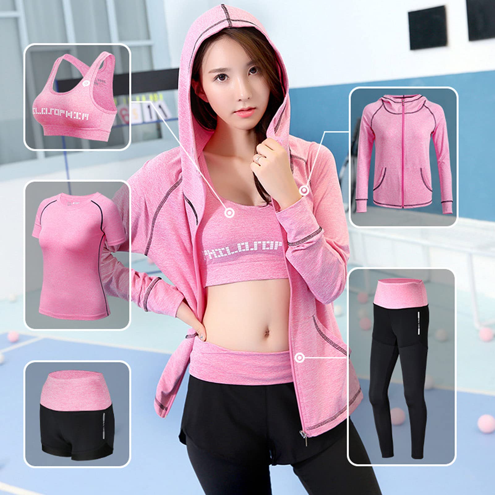 Conjunto de yoga para mujer de 5 piezas, conjunto de ropa deportiva para gimnasio, top de manga larga, mallas, shorts, sujetador y chaqueta; traje de yoga elástico de secado rápido