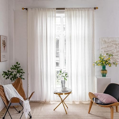 Miniatura 5 de TOPSMCHER Cortinas bohemias de 84 pulgadas para sala de estar, 2 paneles bordados a rayas con borlas, cortinas de lino semiopacas para sala de