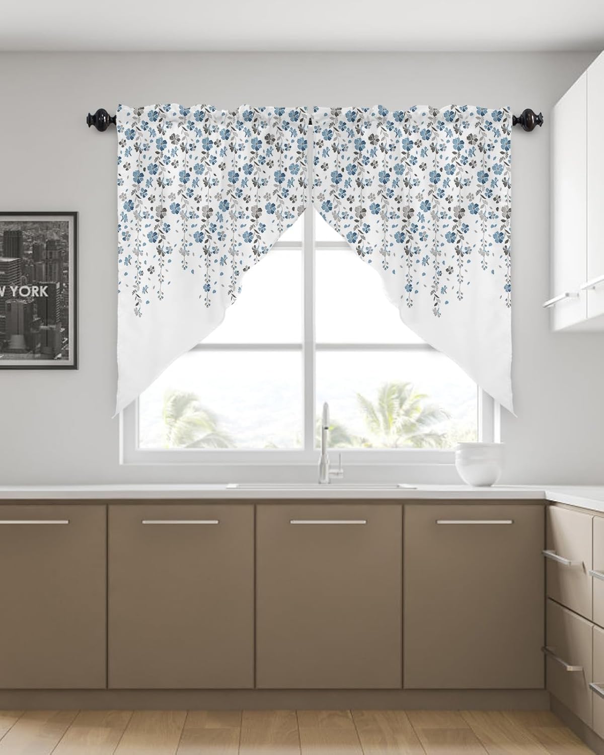 Floral Swag Valance Curtains Flower Blue Grey Cherry Blossoms White Background Rod Pocket Kitchen Curtains Scalloped Window Treatment Valances Swag Curtains for Living Room, 1 Pair, 36"W x 36"L