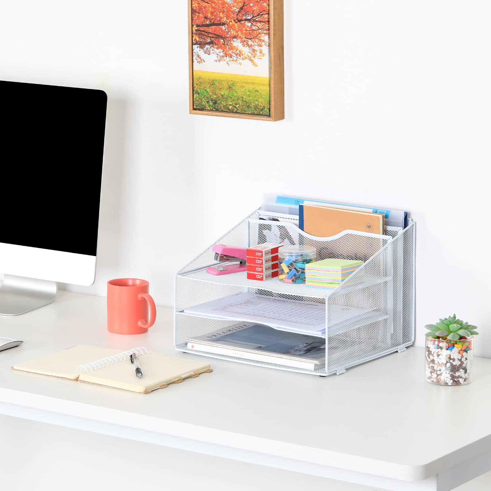 EasyPAG 5 Compartimentos Metal Malla A4 Organizador Escritorio Bandeja Papeles Soporte Archivos Almacenamiento Revistas Clasificador Carta Estante Documentos,Blanco