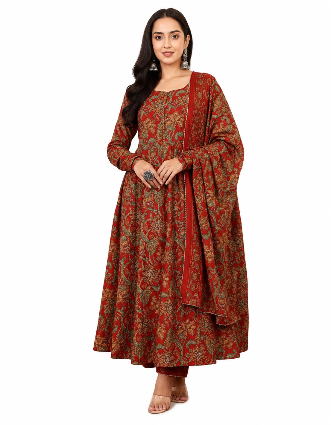 Women's Anarkali Kurta Set with Dupatta Printed Regular Floral Pattern Set Pack Of 3 (IN, Alpha, XL, Regular, Red)-image-24