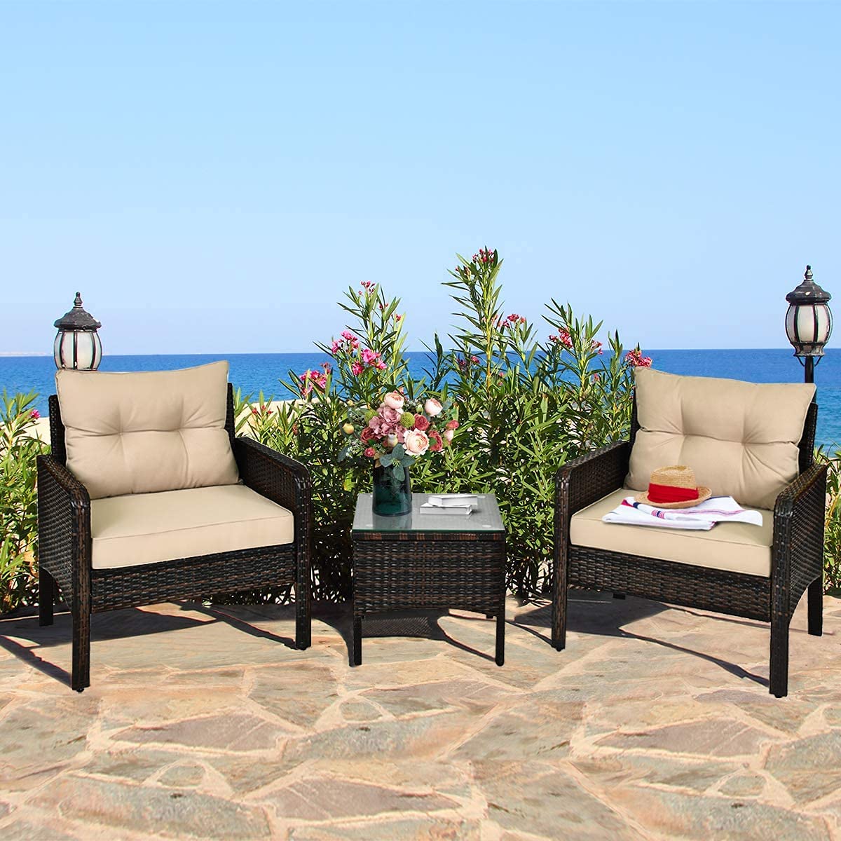 DEVOKO Outdoor 3 Piece Rattan Wicke Patio Chairs Set with Waterproof Cushions & Glass Top Coffee Table for Balcony, Lawn, Garden, Polside (Dark Brown & Cream)