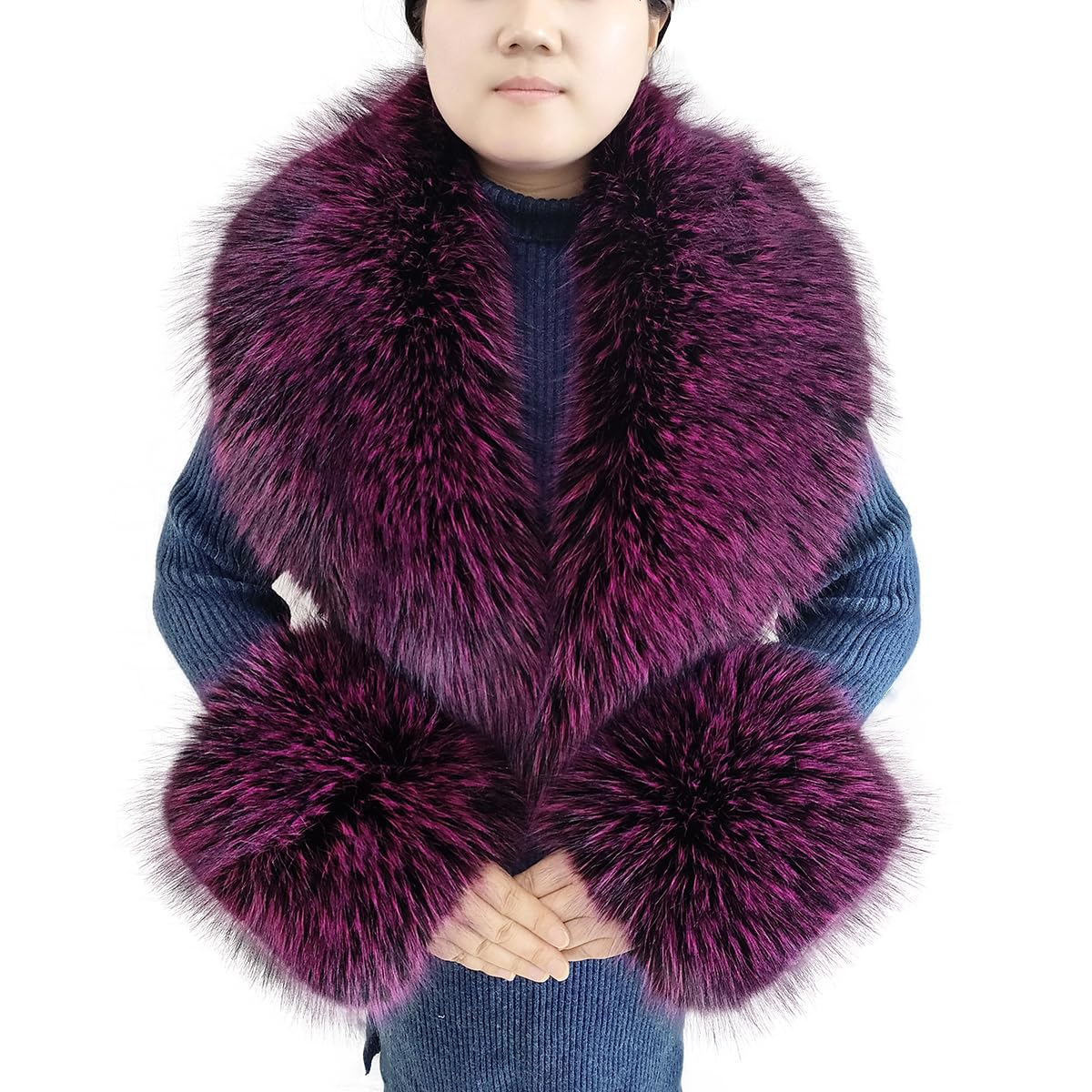 Eosxrp Faux Fur Collar Cuffs Set Warm Fake Fur Scarf Winter Women Fluffy Large Shawl Furry Scarves, Purplish Red, 02