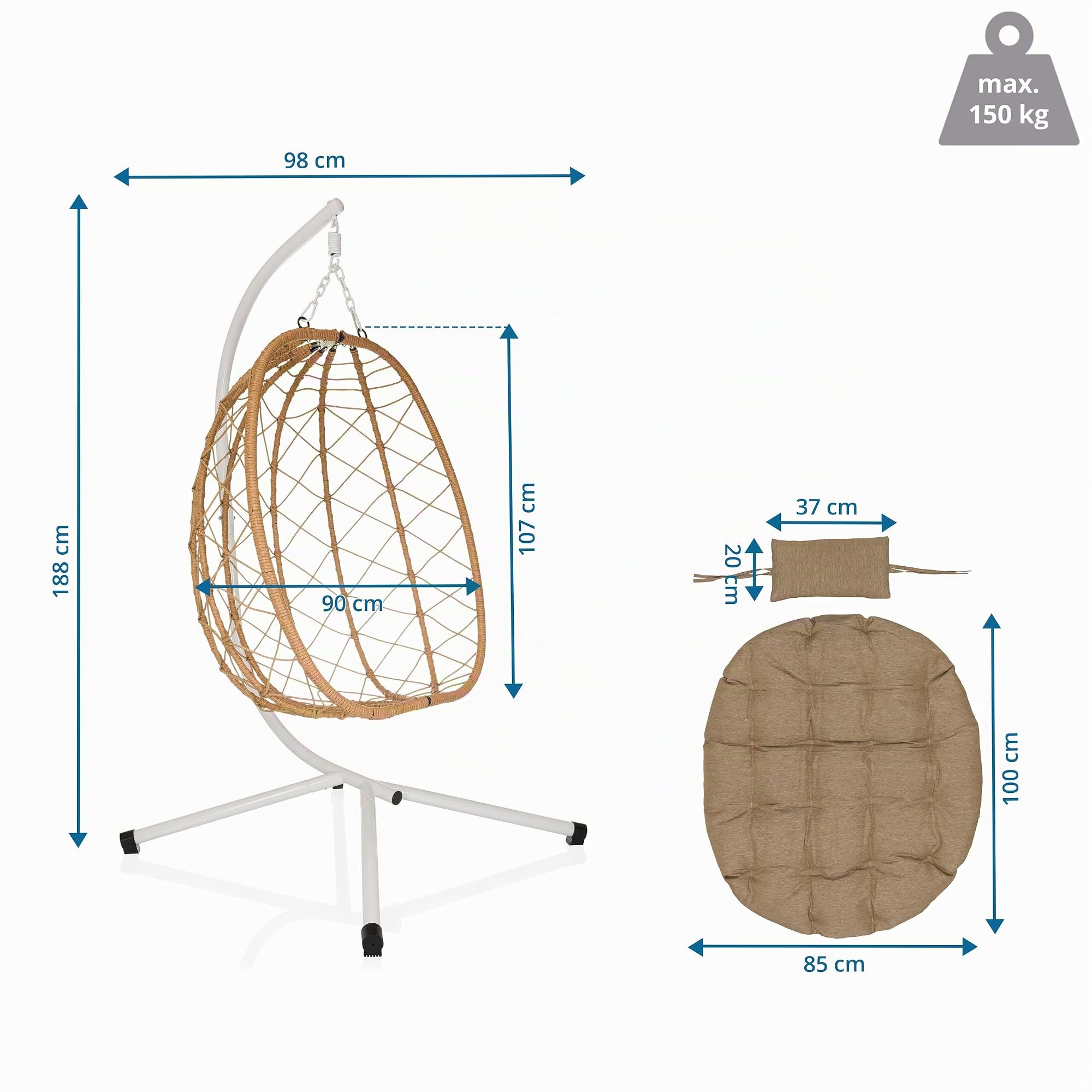 Poltrona sospesa con struttura COCOVA Poltrona sospesa per esterni con cuscino, poltrona per giardino, balcone, patio e soggiorno, bianco/beige