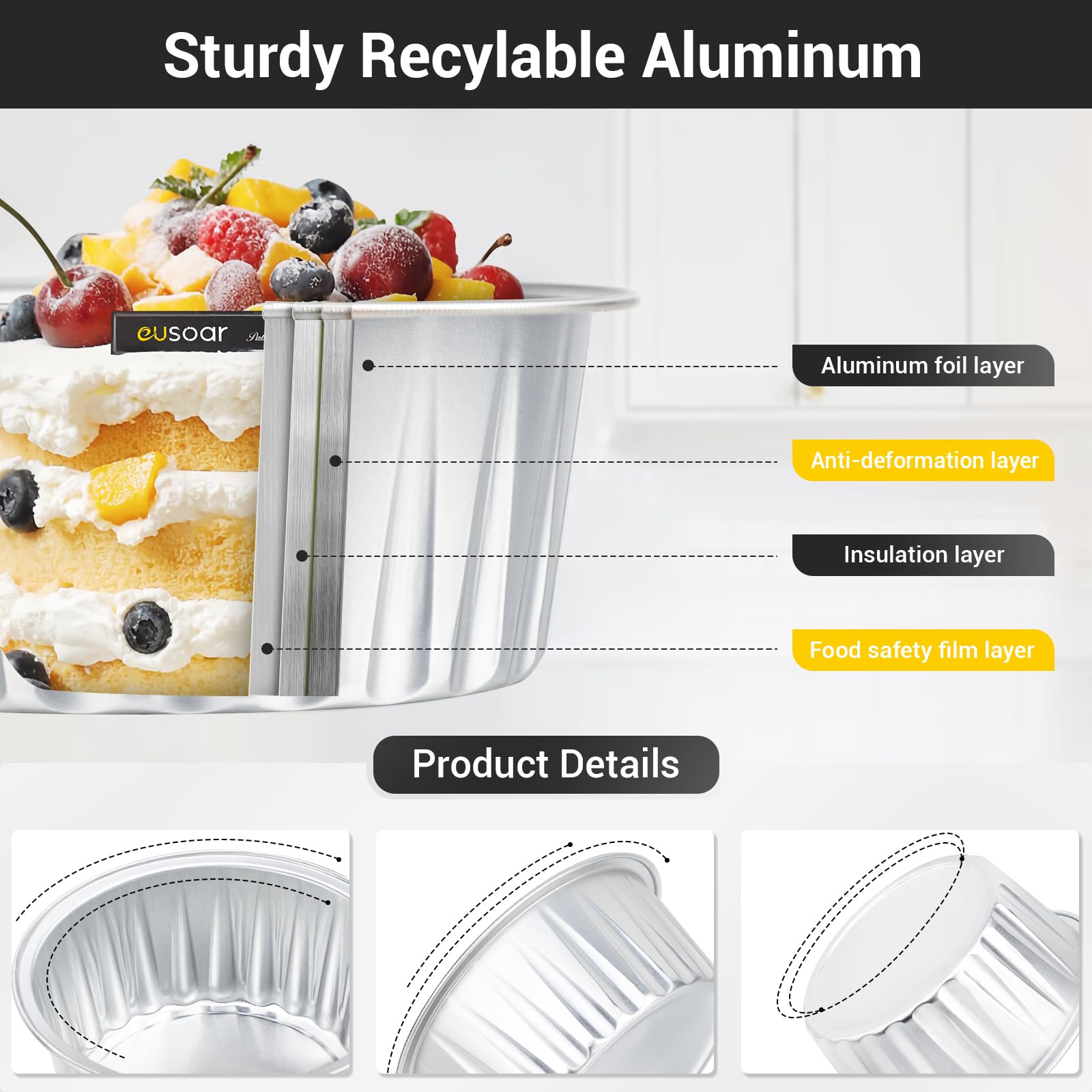 Eusoar - Juego de 100 moldes desechables para magdalenas de 125 ml con tapa, ramequines de crema Brulee, papel de aluminio para hornear, moldes de postre, cajas de cajas