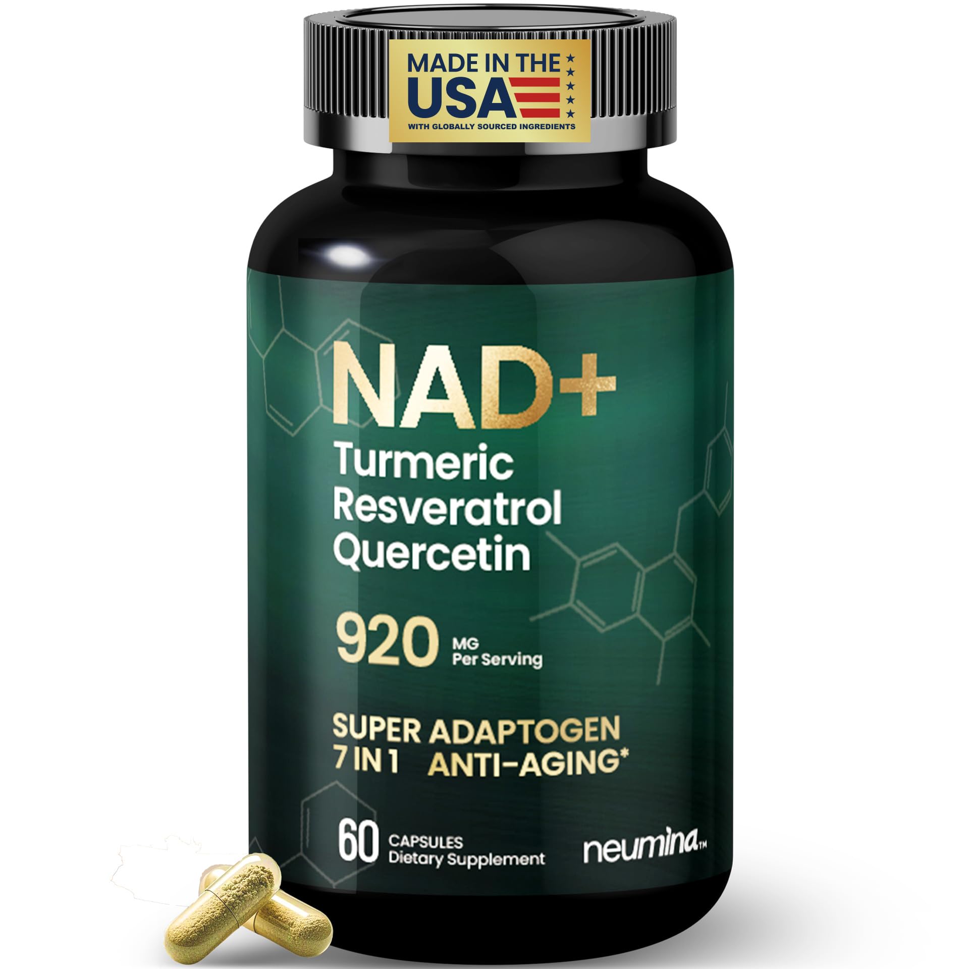 NAD+ Supplement 60 Capsules - Anti-Aging Complex with Resveratrol, Turmeric, Quercetin, Biotin for Cellular Energy, Skin Health | Non-GMO, Pure & Made in USA