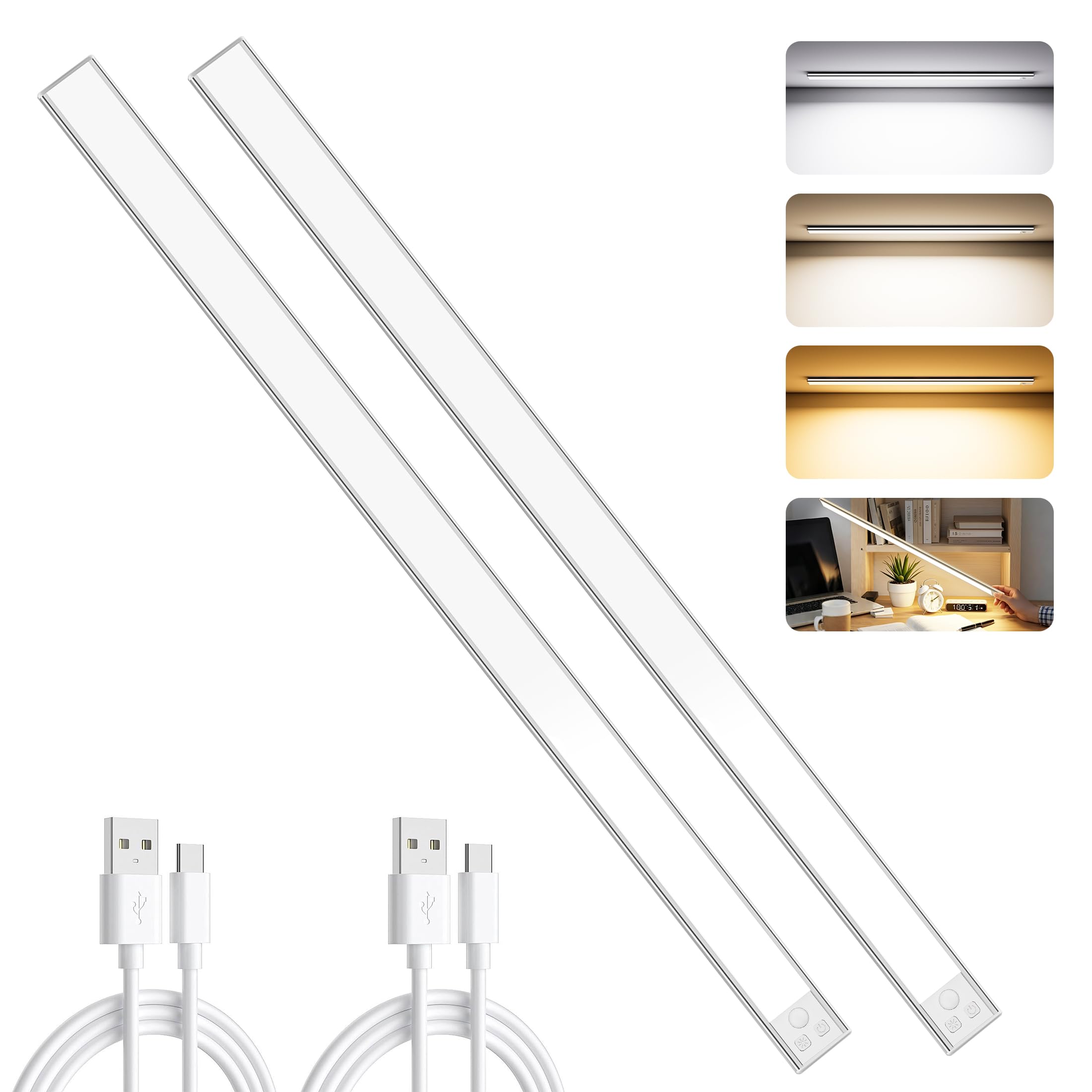 OUILA 60 cm lange Unterschrank-Küchenlichter, 106 LEDs, 5000 mAh, Bewegungsmelder, Lichter für den Innenbereich, 3 Farben, dimmbar, wiederaufladbar, LED-Leuchten für Schrank, Küche (3 Farbtemperaturen