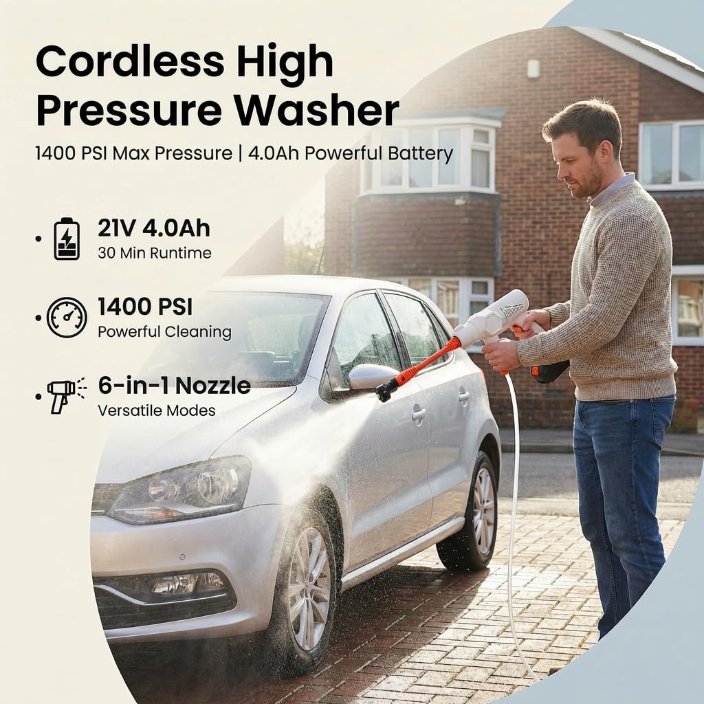 Kalopsia Idropulitrice Portatile a Batteria:Potente Pressione 1400 PSI Con Spruzzatore 6 in 1 Multifunzione Leggera Wireless 21V 4.0Ah Per Auto Giardino Casa - Adatto Per Outdoor Famiglie - 2