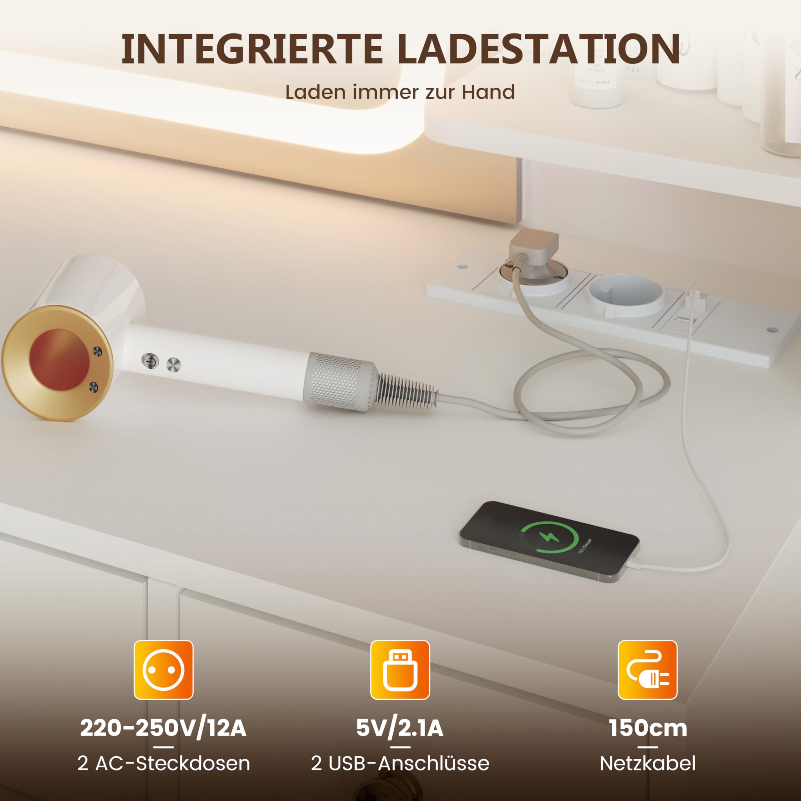 YOUDENOVA Schminktisch mit Beleuchtung und Spiegel, Großer Vanity mit Schubladen & 2 RGB-Glasvitrine, Dressing Table mit Steckdose, Frisiertisch Modern, Weihnachten Geschenke für Mädchen, Weiß