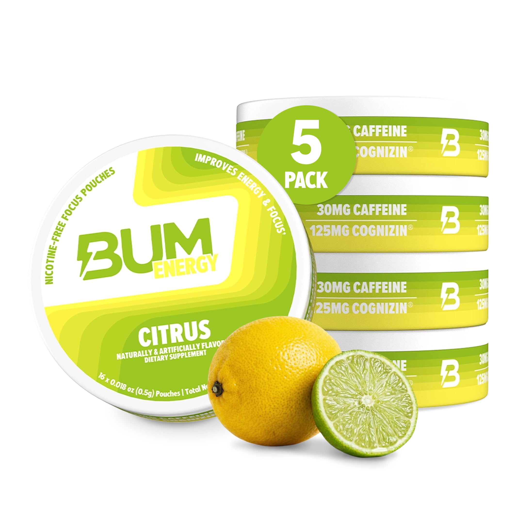 Bum Energy Pouches, Citrus, 30mg Caffeine + 125mg Cognizin Citicoline, Clean Energy & Focus, Discreet Oral Energy Pouches, 5 Packs of 16 Count