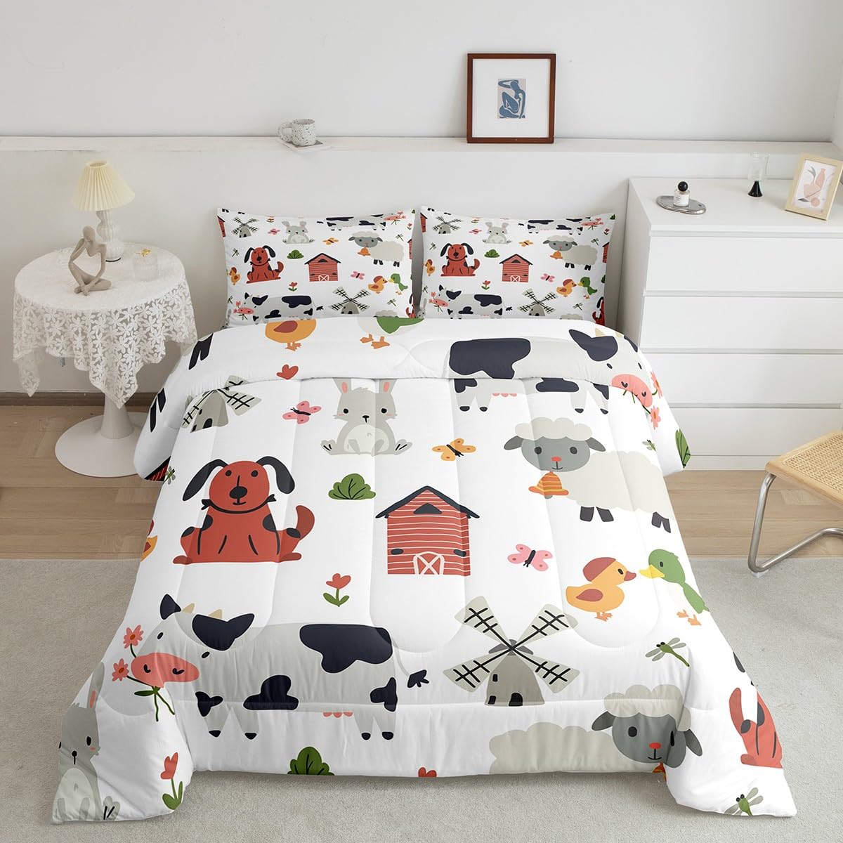 Feelyou Cute Farm Animals Bedding Set Twin Size, Kids Cartoon Sheeps Comforter Set Kawaii Dog Comforter Rabbit Cow Duvet Insert Bed Set 2Pcs