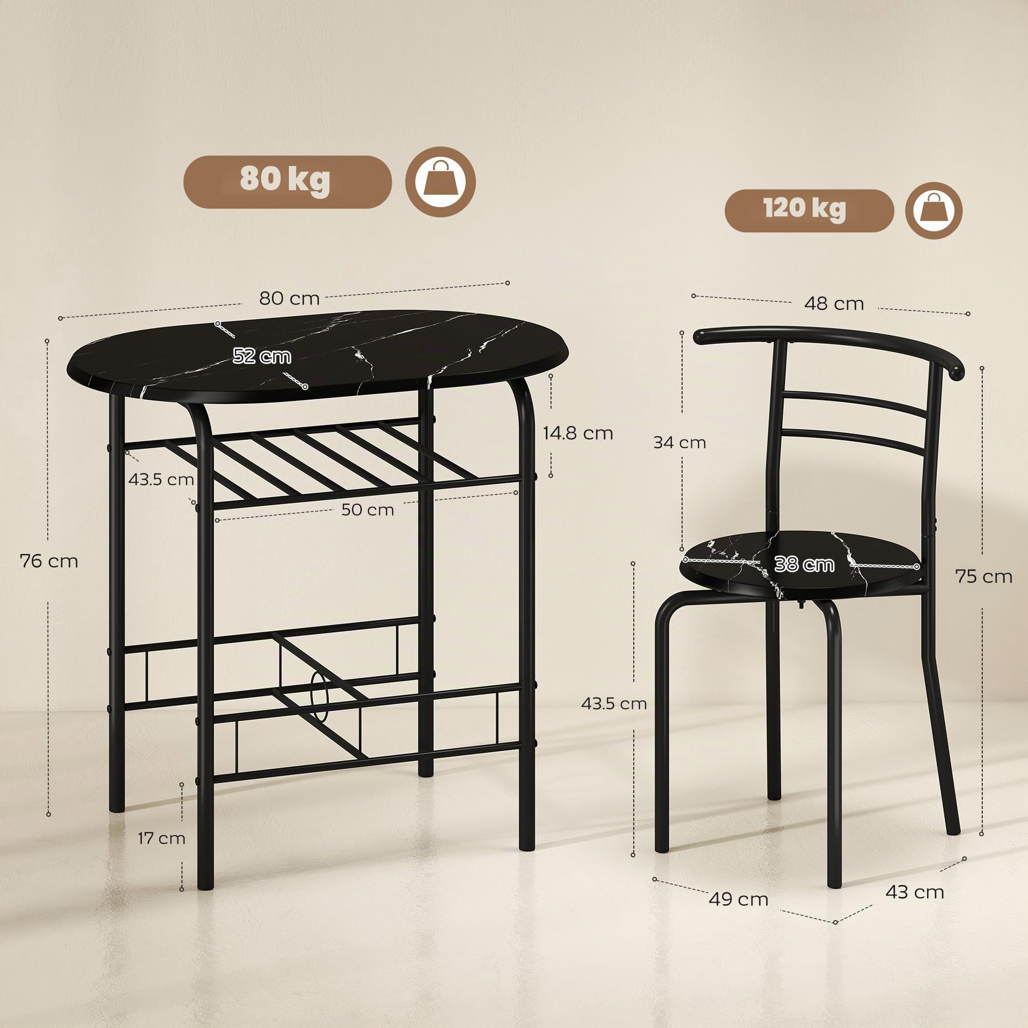 HOMCOM Set Tavolo Moderno con 2 Sedie per Sala da Pranzo Nero | Set 3 Pezzi, Mobili Salvaspazio da Cucina, Balcone, Ristorante o Bar