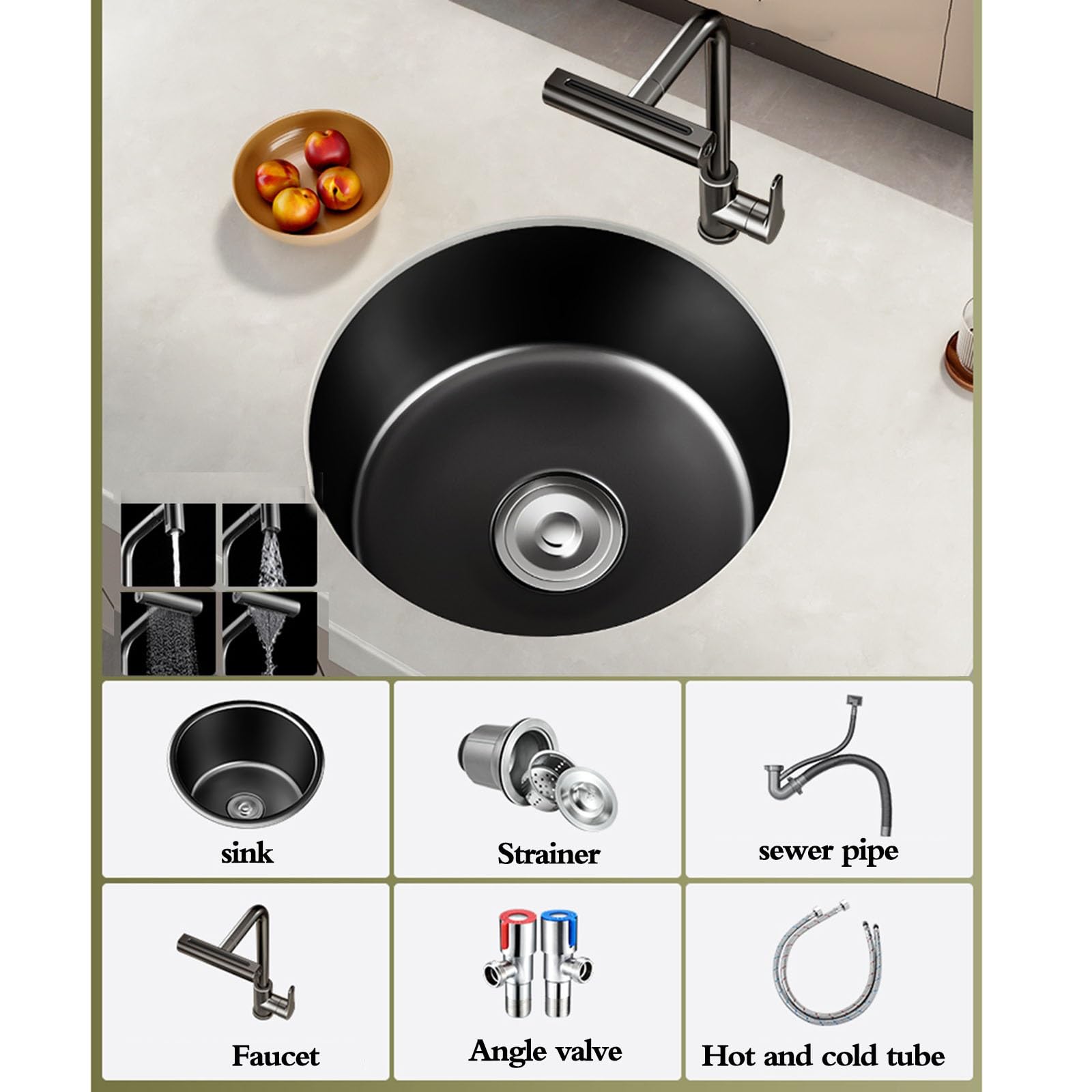 Bricolaje Fregadero Redondo Negro De Tamaño Pequeño. Barra De Bar Con Ranura Única Que Ahorra Espacio Fregadero De Sifón De Cocina De Acero Inoxidable Con Grifo. Mini Lavabo Bajo Encimera herramientas