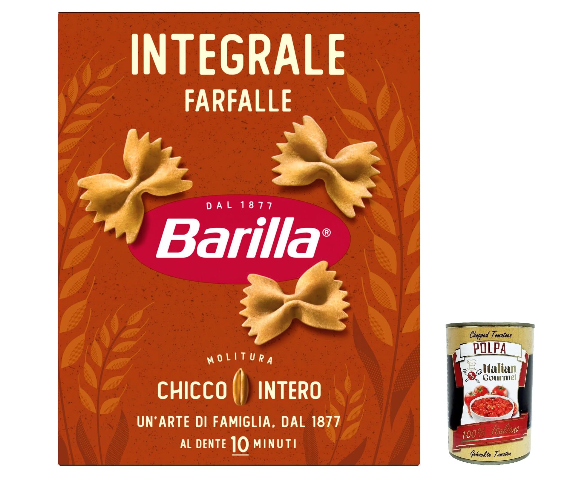 Italian Gourmet Farfalle integrale pasta italiana 30 x 500g Vollkorn vegan | Ricca di fibre, aus Hartweizen, Schmetterlingsform, kochfest in circa 10, Gesamtnettogewicht 15 kg + Kostenlos Polpa 400g