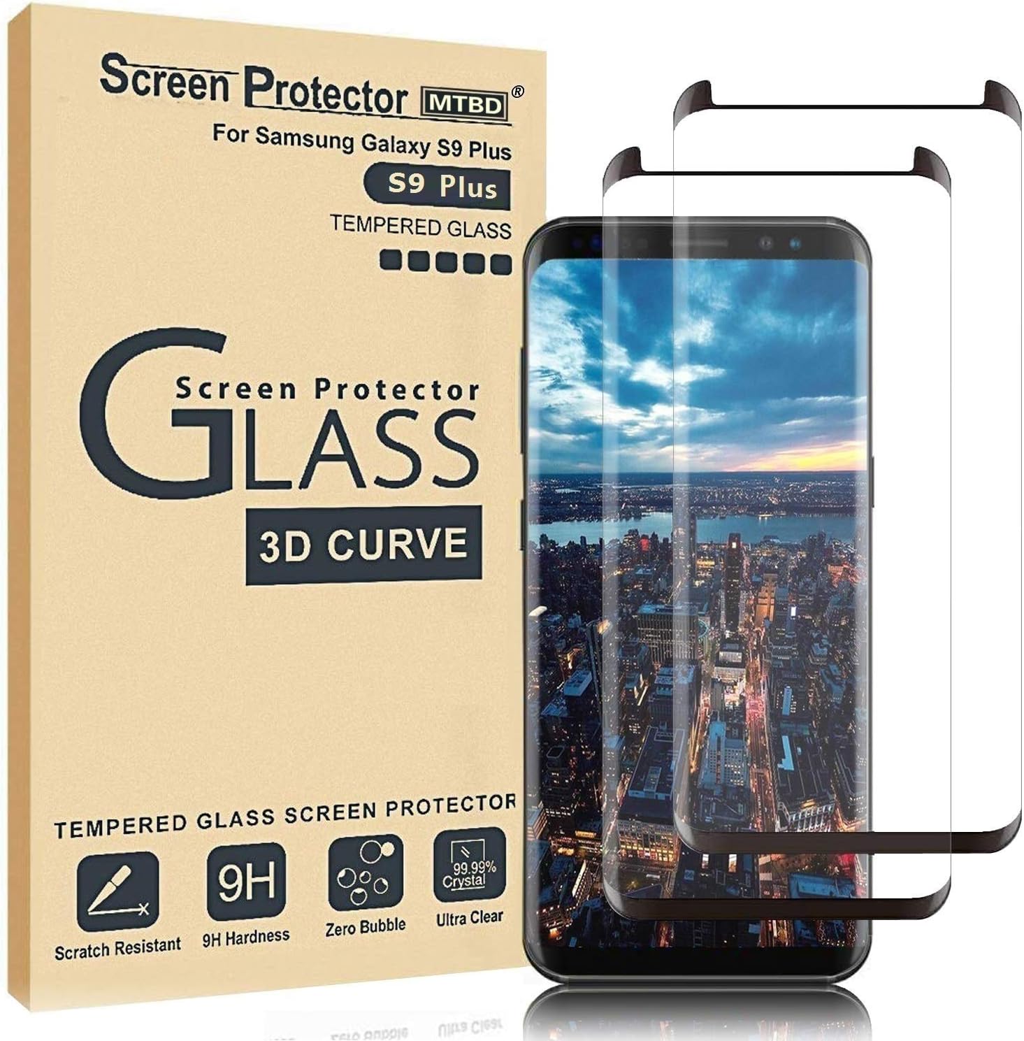 MTBD Galaxy S9 Plus Screen Protector,Full Coverage Tempered Glass[2 Pack][3D Curved] [Anti-Scratch][High Definition] Tempered Glass Screen Protector Suitable for Galaxy S9 Plus (NOT S9)