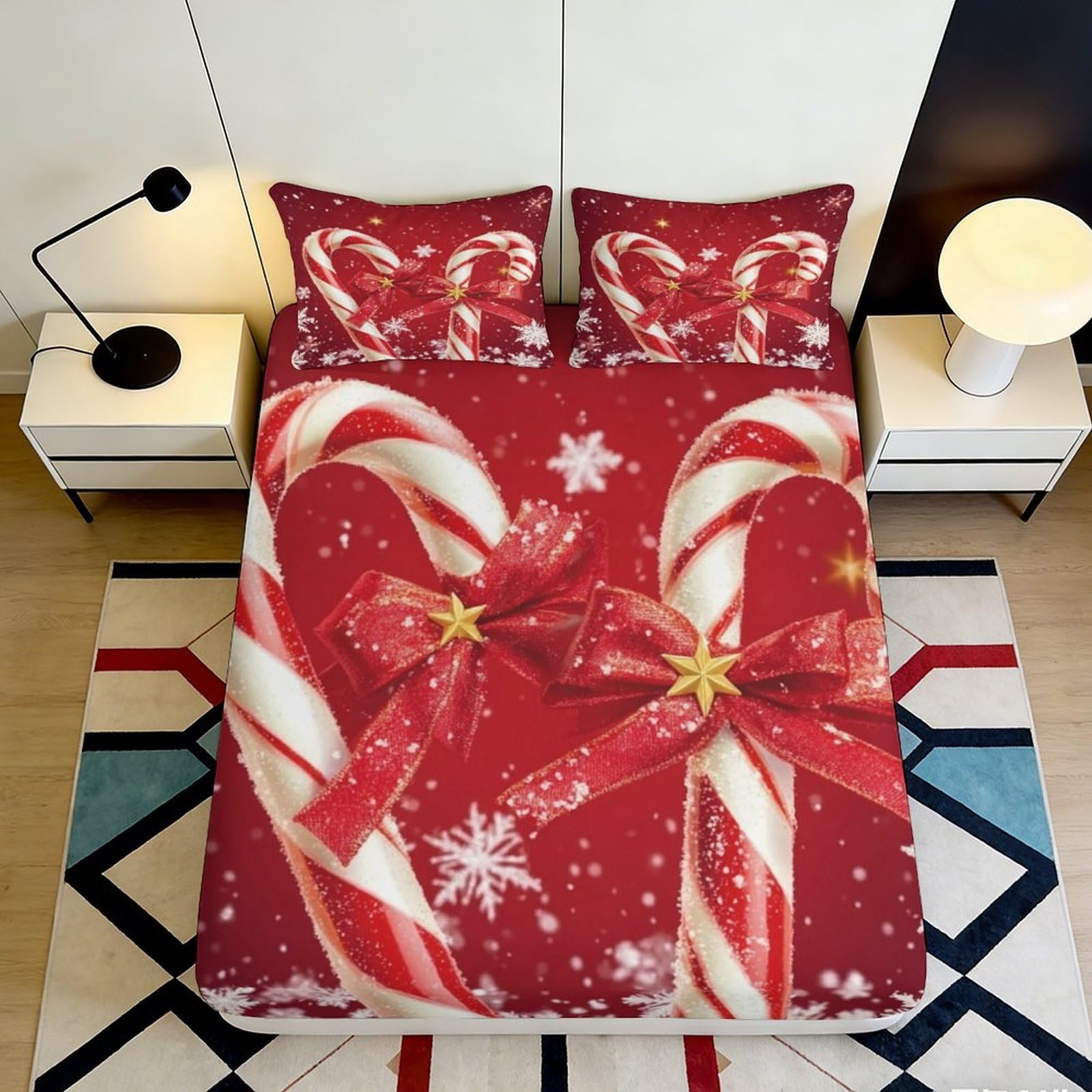Pnayamiorkfel Style-7 3D Printed Christmas Candy Cane Fitted Sheet Microfiber Red Bow Snowflake Bed Cover For Bedroom Guest Room Decor 90X200x25cm