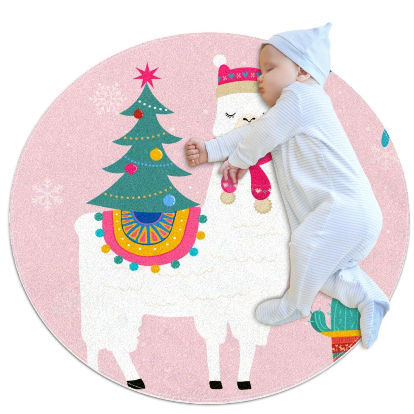 Tapis de salle de bain rond de 1m au motif lama et cactus mignon