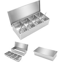 Pizza Topping Station Container Food Prep Condiment Caddy Ingredients Holder with 4 Pans & 4 Spoons, Stainless Steel Container Set Spice Seasoning Organizer Rack for Kitchen Restaurants Buffet