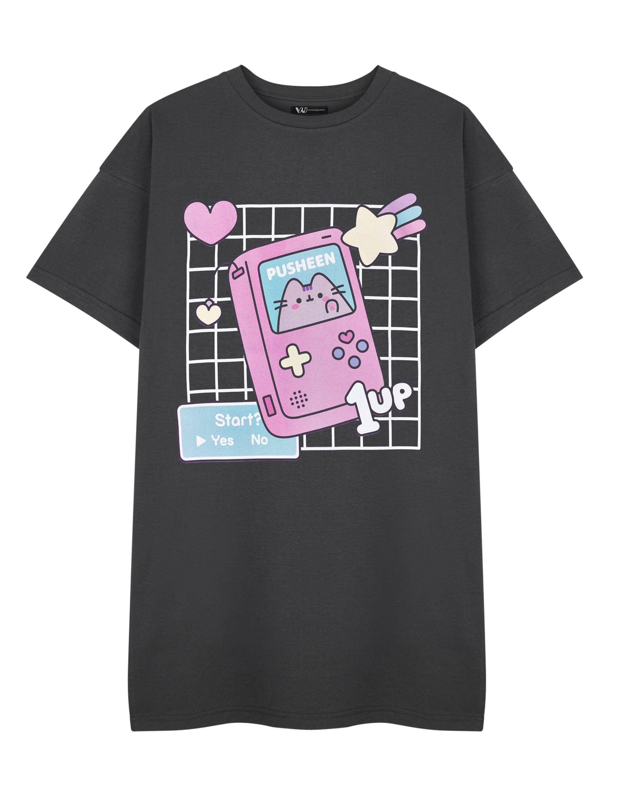 Pusheen Charcoal Womens T-Shirt Dress | Short Sleeve Gameboy Graphic Outfit | Cute Cat Print Casual Charcoal Dress for Women | Pusheen Merchandise | Comfy Daywear Apparel