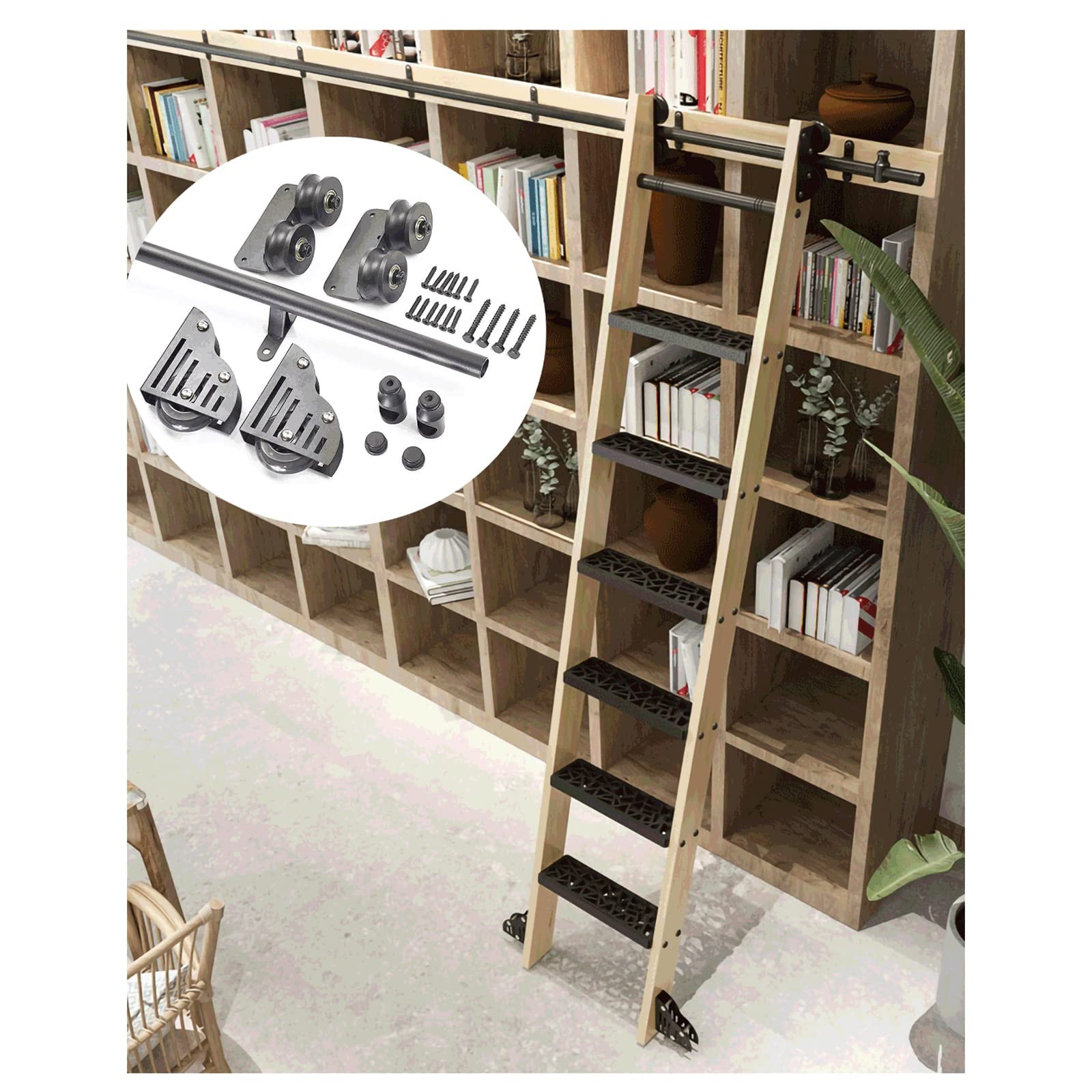 Riel de escalera deslizante para biblioteca interior de acero con kit de herrajes completo