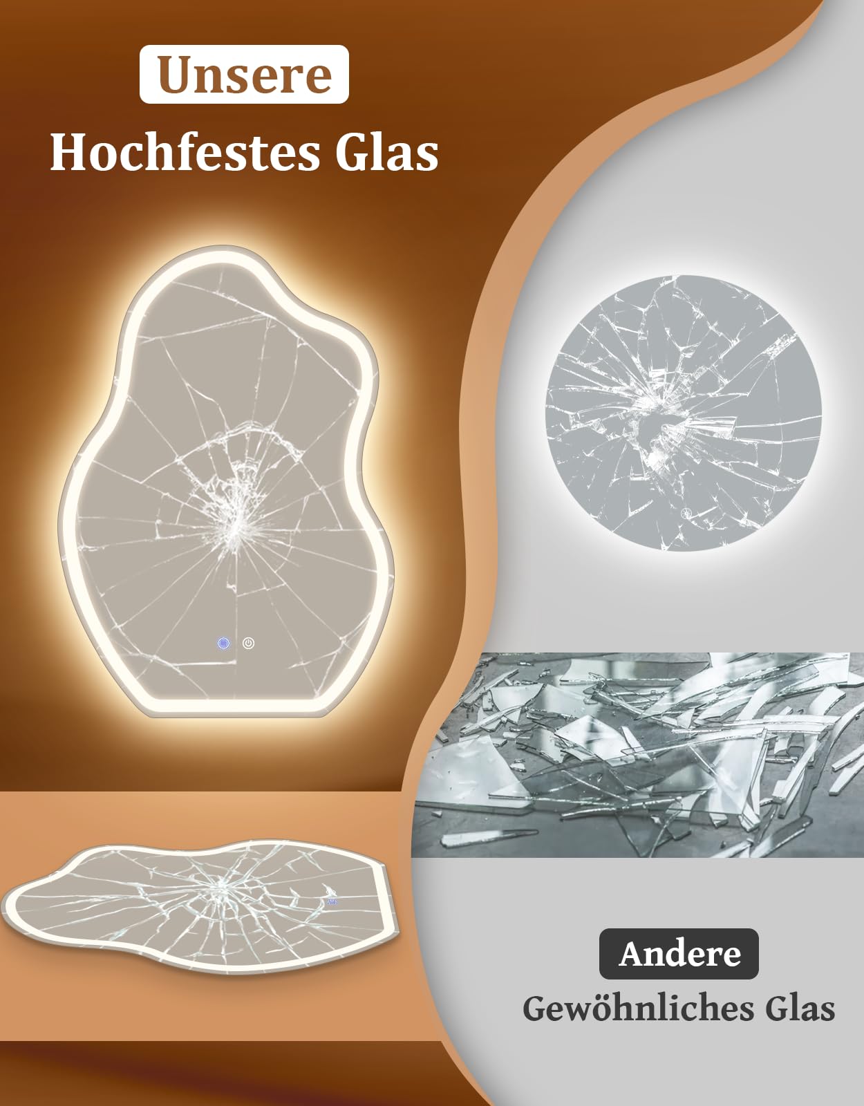 Asymmetrisch Badspiegel Mit Beleuchtung,50x70cm LED Bad Wandspiegel | Badezimmer Wandspiegel Mit Licht, IP44 50x70 cm Asymmetrischer Organischer Groß Gäste WC Badezimmerspiegel Mit Beleuchtet