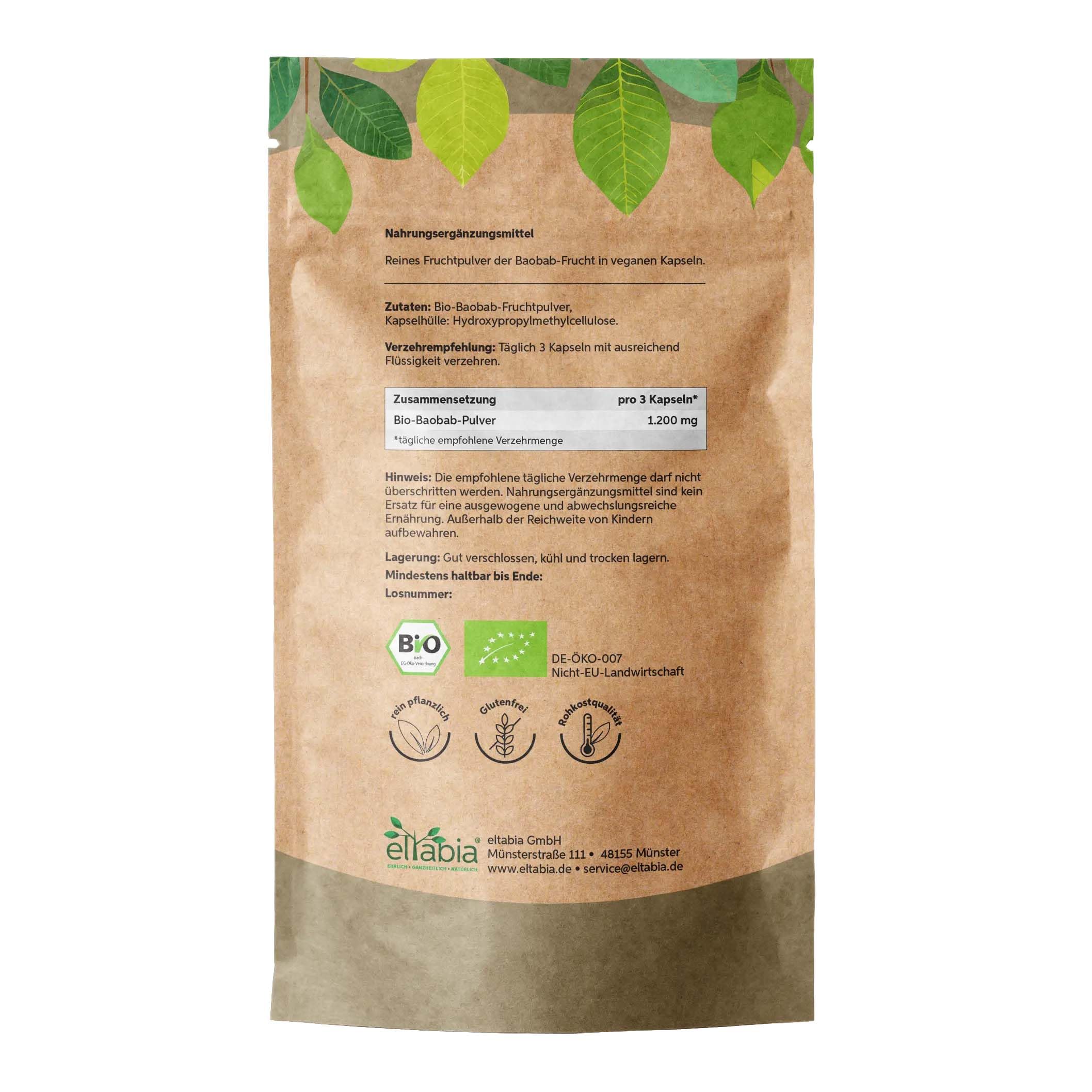 Bio Baobab Kapseln 1000 Stück | Hochdosiert 1290mg Tagesdosis | Affenbrotbaum in Rohkost Qualität | Apothekerbaum 100% rein und ohne Zusatzstoffe | Veganes Fruchtpulver