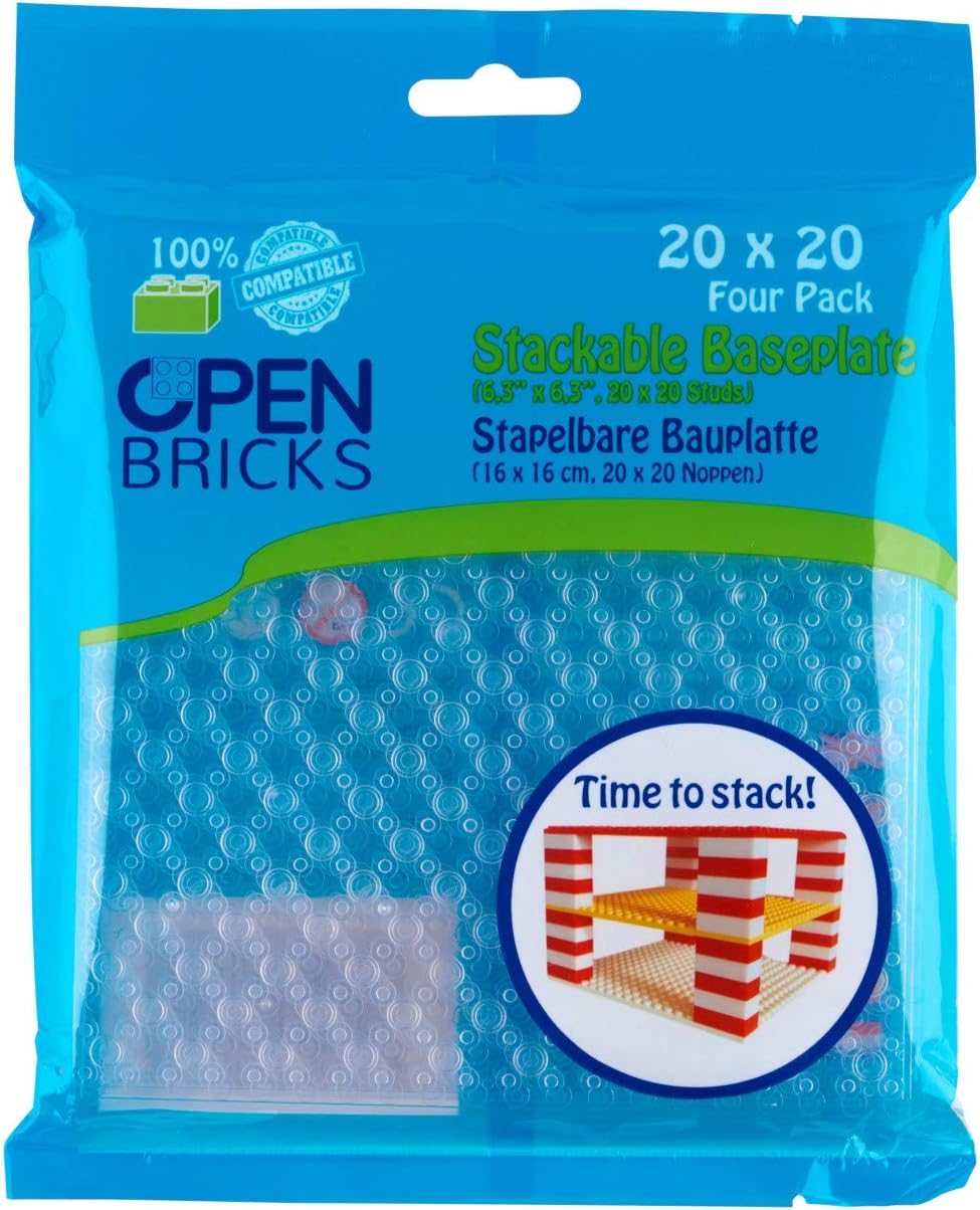 OPEN BRICKS Building boards, 20 x 20 (16 x 16 cm), transparent white/transparent clear, 4 pieces, compatible with all leading brands, can be installed on both sides.