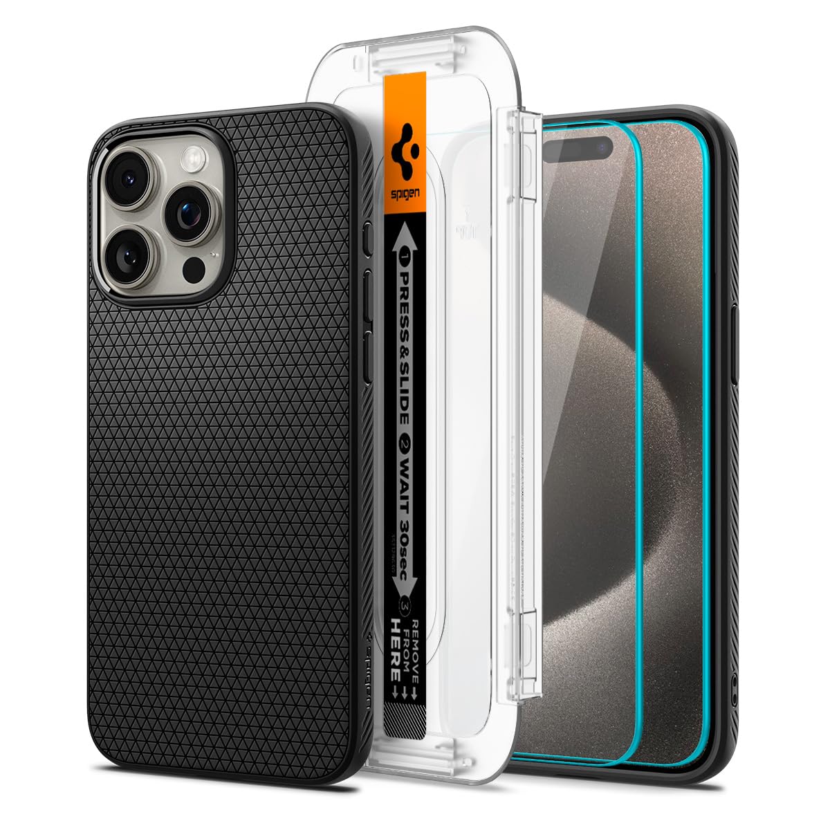 Spigen iPhone 15 Pro Cam Ekran Koruyucu Kolay Kurulum Glas.tR EZ Fit Slim HD (2 Adet) - AGL06892 & iPhone 15 Pro Kılıf Liquid Air Matte Black - ACS06704