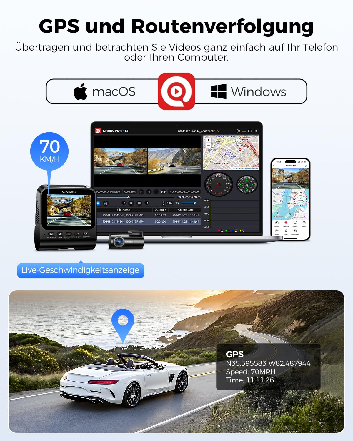 V620 Dashcam Auto Vorne Hinten 4K+1080P, WiFi 6, GPS, ADAS, F1.8