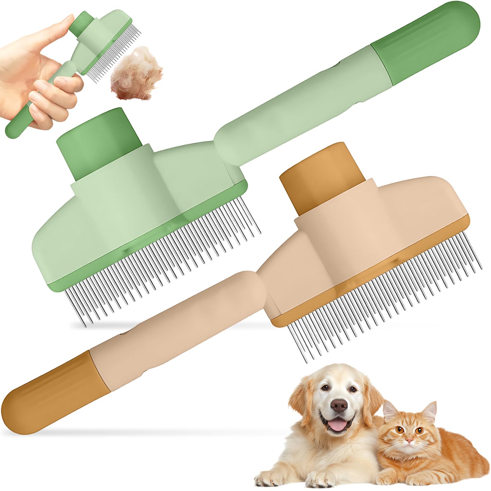 2Pcs Cat Comb with Release Button, Long & Short Stainless Steel Metal Teeth Flea Combs