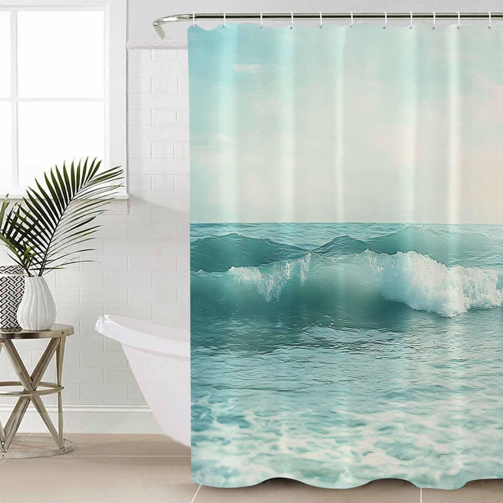 Huotupsine Teal Green Coastal Shower Curtain Set - Long 72" x 84" Washable Bathtub Curtain with 12 Hooks, Summer Beach Nautical Ocean Waterproof