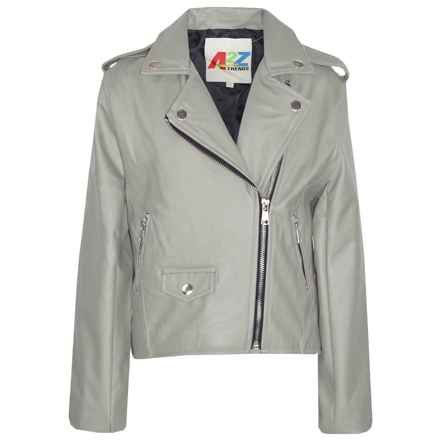 A2z 4 Kids Girls Silver Grey Pu Leather Jacket Thick Collar Biker Zipper Coat - Pu Leather Jacket 460 7-8