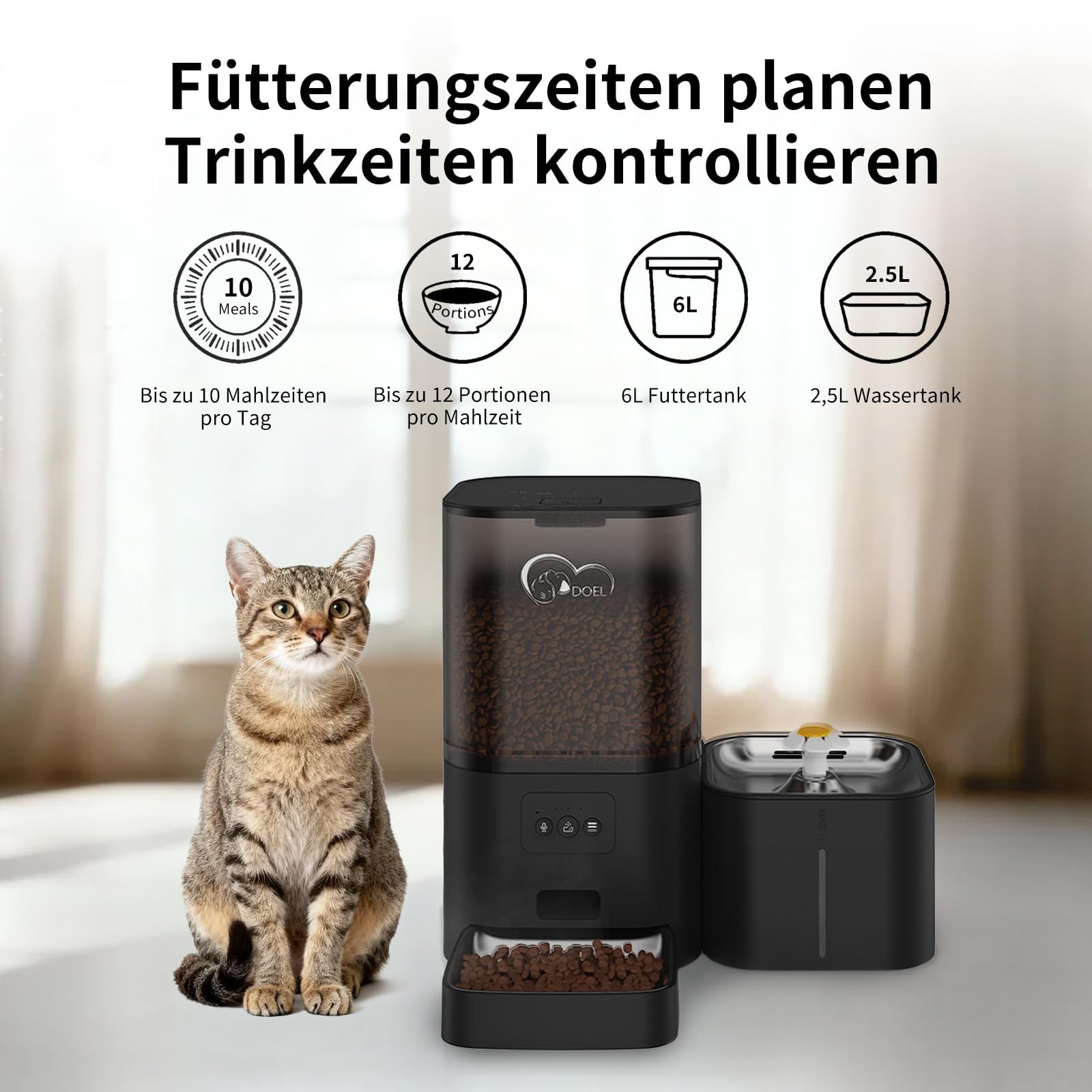 DOEL Distributore automatico di cibo e acqua 2 in 1 per gatti, dispenser di cibo secco di grande volume da 6 litri + dispenser d'acqua da 2,5 litri, controllo app, registrazione vocale, connessione