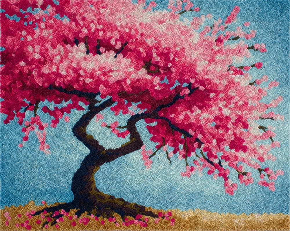 Latch Hook Rug Kit for Adults Cherry Blossom Tree with Printed Canvas Crochet Yarn Floor Mat Embroidery DIY Hook and Latch Kit Carpet for Christmas Decoration 15X20In