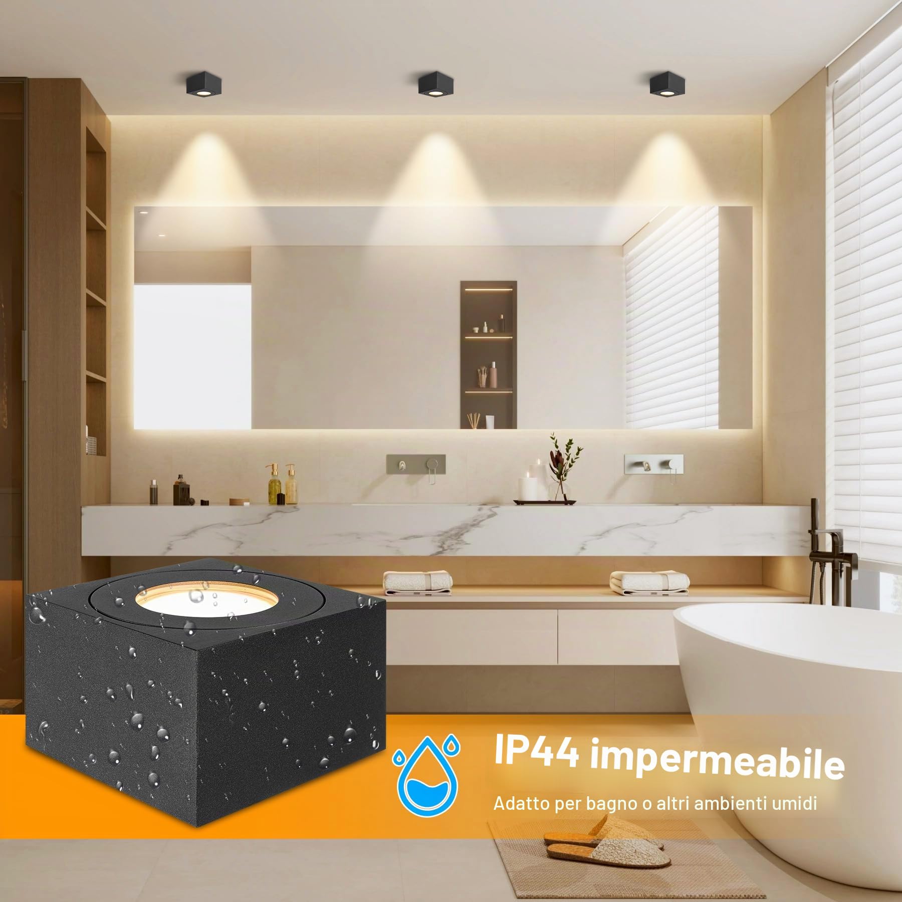 Faretto LED da Superficie IP44 Nero, Faretti da Soffitto quadrato Ø80x50mm con modulo LED 5W 550LM, 3CCT 3000K/4000K/6500K Faretti da Bagno 230V, Faretto Dimmerabile Extra Piatto, Alluminio, 2pcs