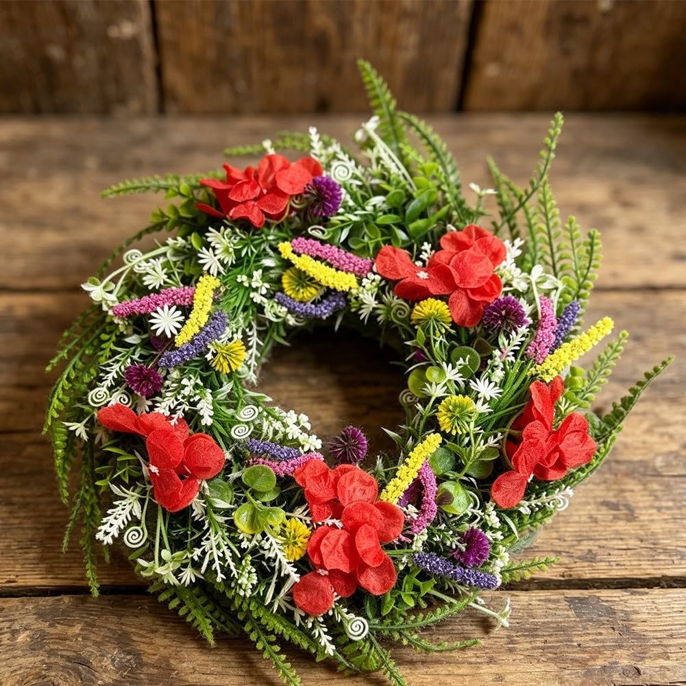 Generisch Ghirlanda per fiori selvatici, 45 cm, in plastica, resistente | Design realistico, mix di fiori selvatici, per interni ed esterni, diametro 45 cm, materiale resistente alle intemperie (45