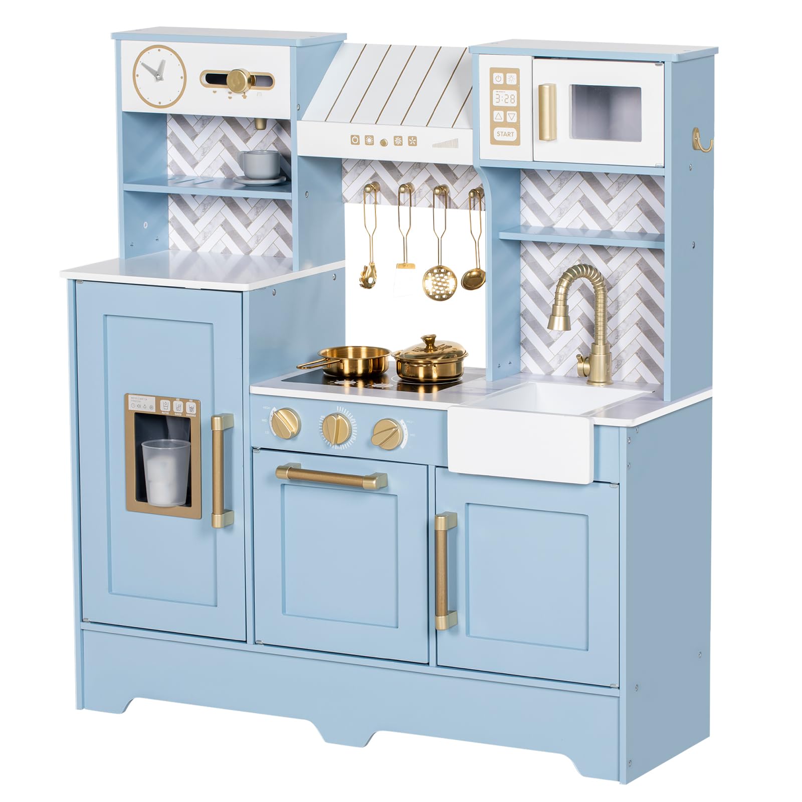 BRINJOY Play Kitchen, Children's Play Kitchens with Oven, Stove, Sink, Apron, Ice Maker, Cookware,Toy Kitchen Set for Toddler Girl Boy Age 3+，Kids Kitchen Blue (Blue)