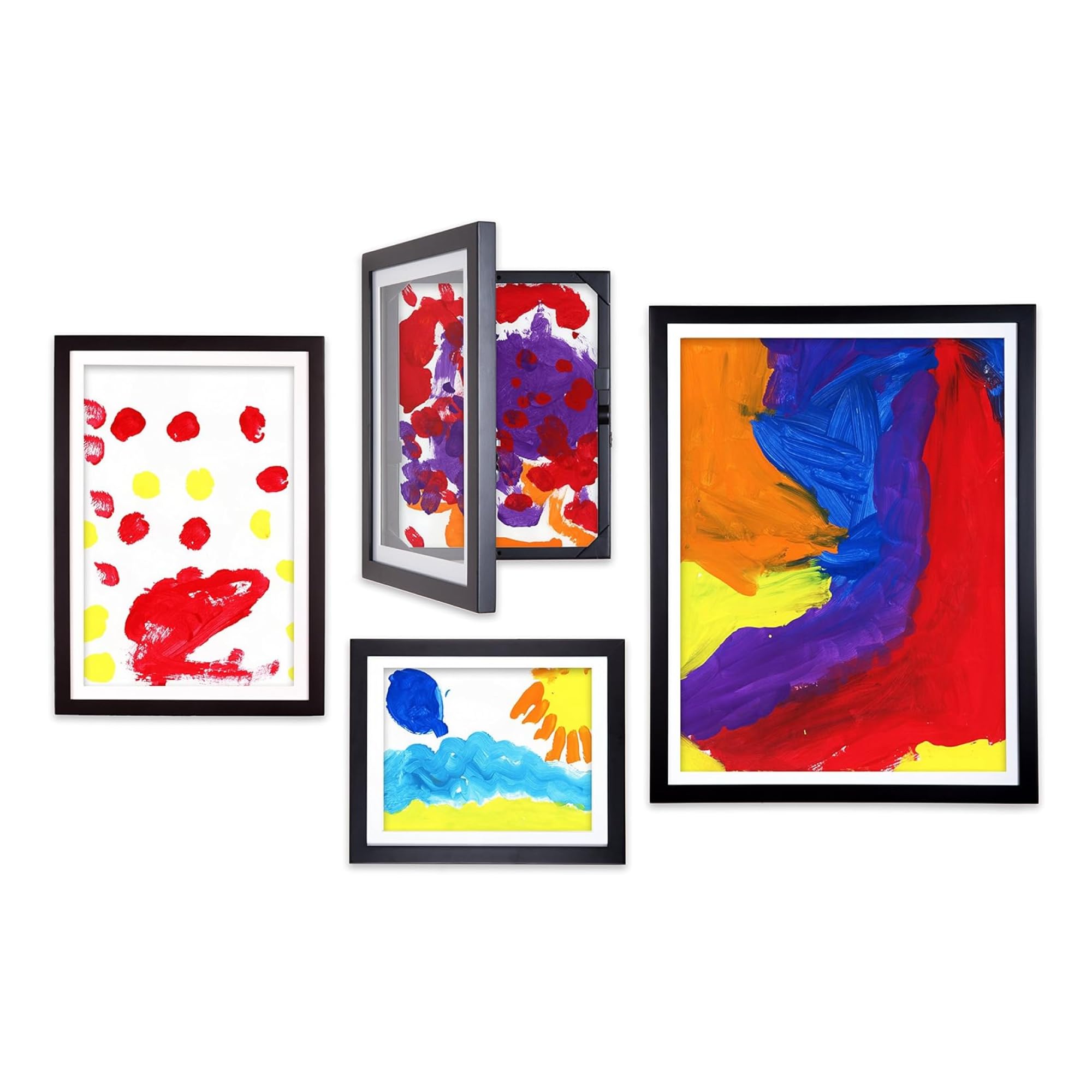 - Front-Open Art Frame Set for 18x24, 12x18, 9x12, and 8.5x11 Items; Store up to 50 Creations Per Frame; EZ-Hang Hardware Included; Black