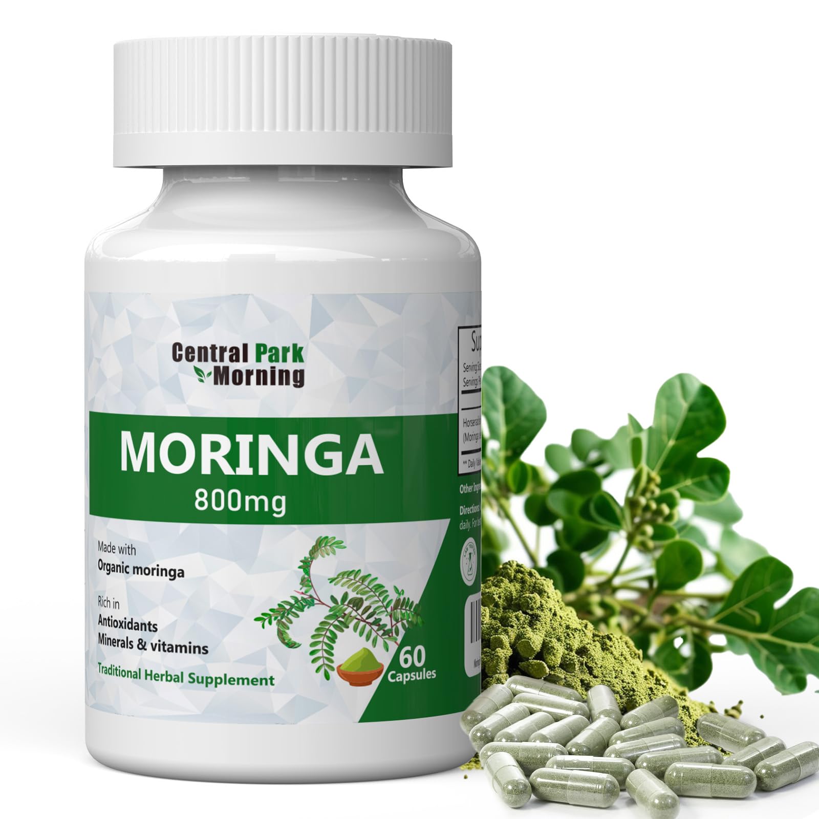 Moringa Capsules Moringa Powder Organic 800mg Moringa Pure Capsules Natural Green Superfood Supplement Non-GMO 60 Counts