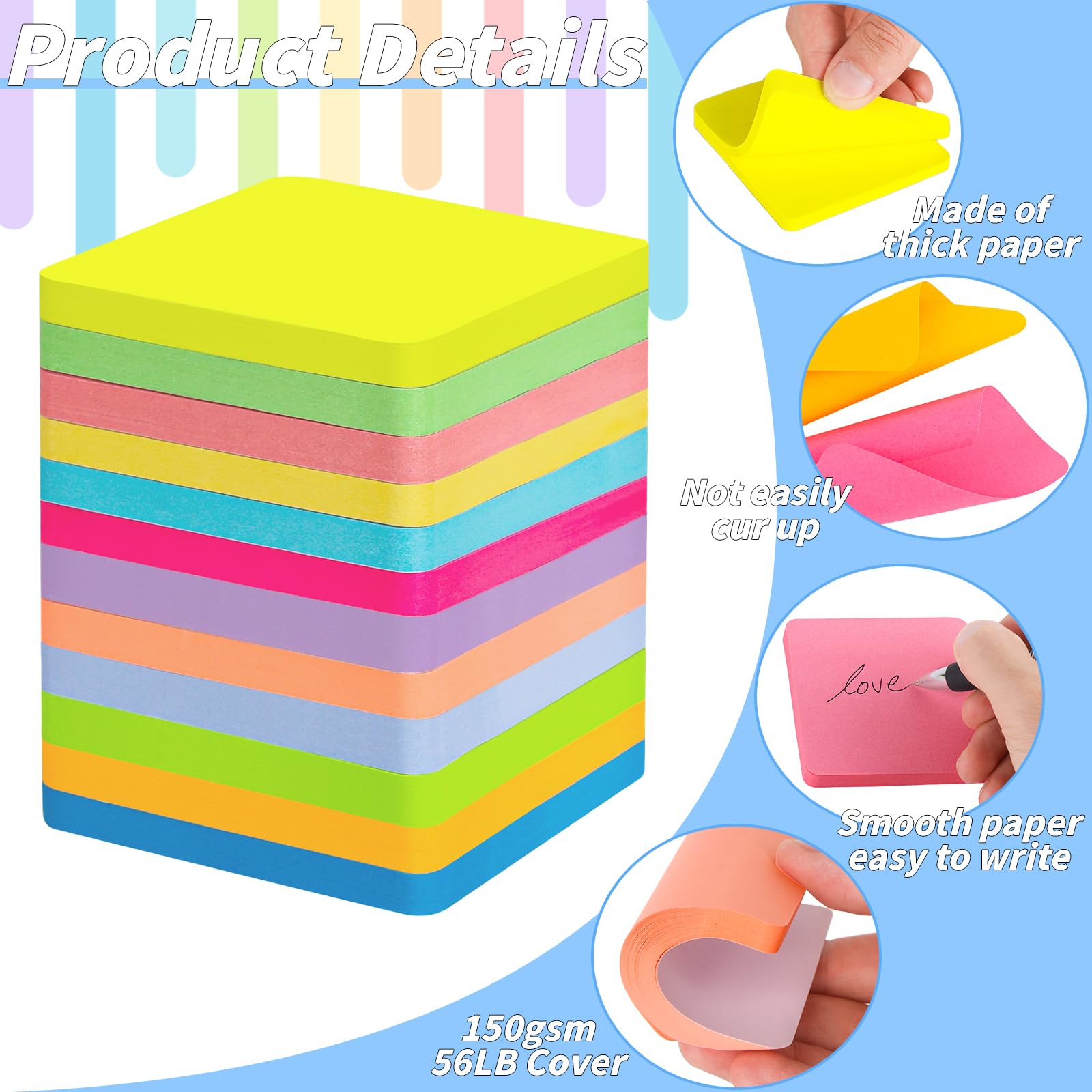 60 blocchetti di foglietti adesivi rotondi con angoli da 7,6 x 7,6 cm, 12 colori vivaci autoadesivi, resistenti blocchi per appunti, 75 fogli/pad, blocco note colorato, facile da pubblicare per casa