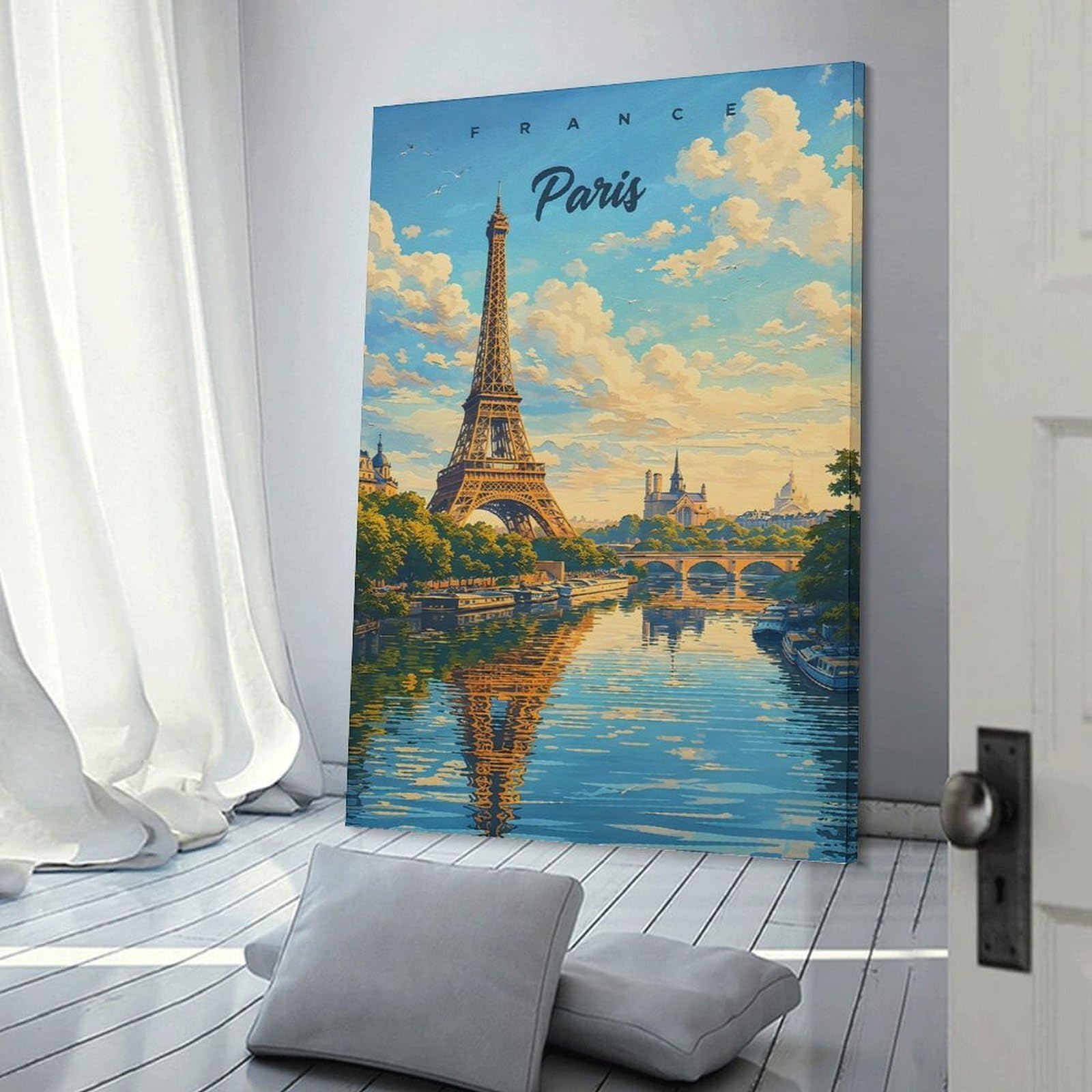 Canvas Wall Picture Eiffel Tower Paris River Scene, 24x36inch(60x90cm), for Restful Interiors, Bedrooms Or Small Rooms, Home Artwork with A Soft Interior Feel