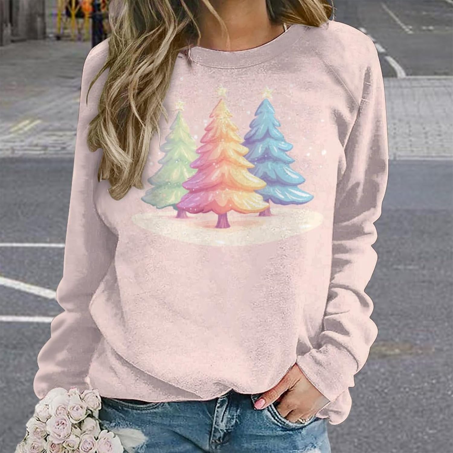 HOTYD Womens Cute Christmas Tree Print Sweatshirt Casual Long Sleeve Crew Neck Graphic Sweatshirt Oversized Pullover Tops - Image 2