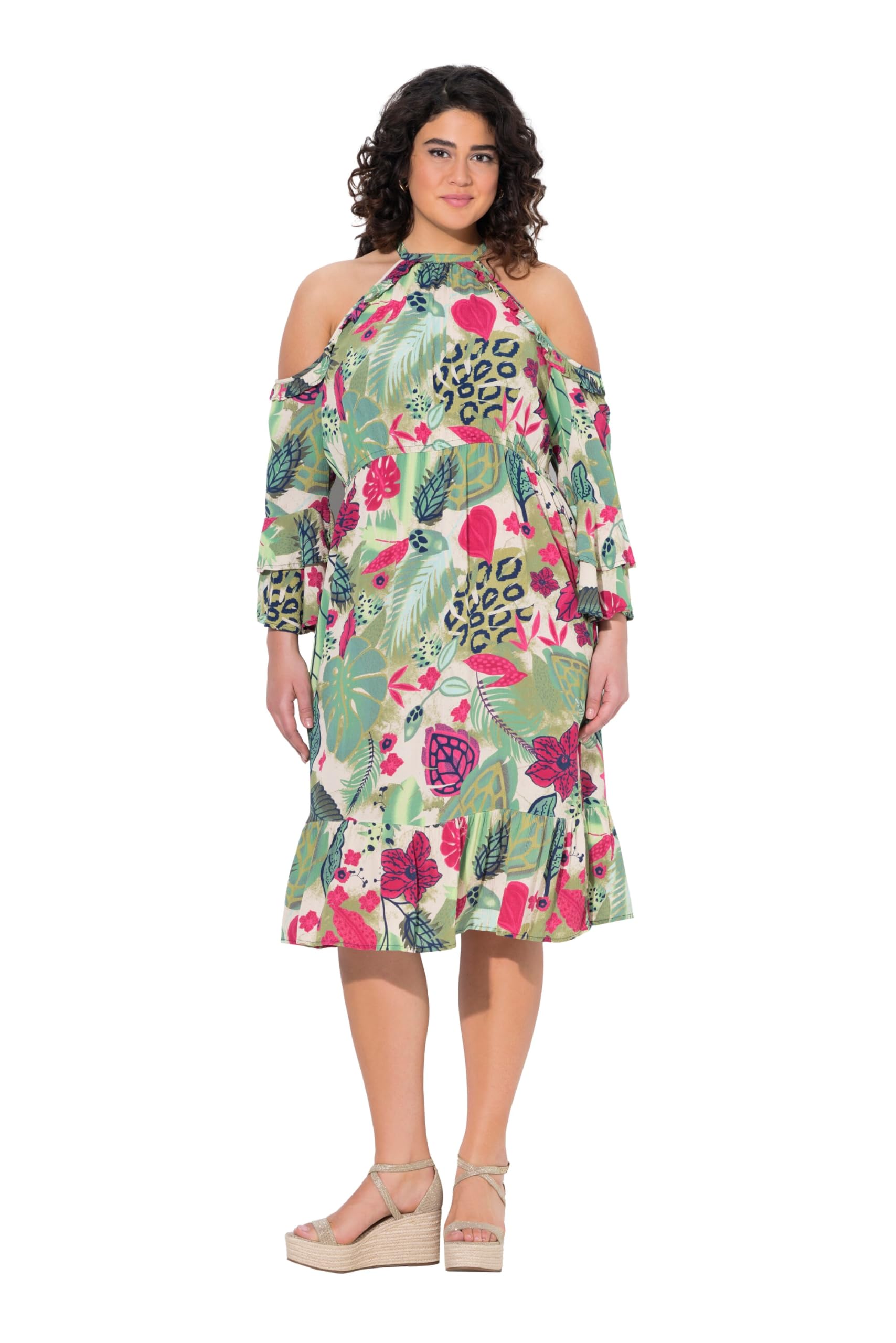 Ulla Popken Damen große Größen Übergrößen Plus Size Kleid, A-Linie, Rundhals, schulterfrei, 3/4-Arm 842471