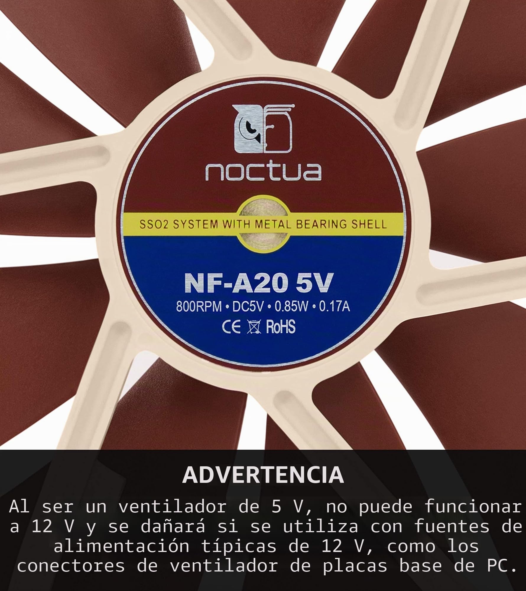 Noctua NF-A20 5V, Ventilador Silencioso, 3 Pines, Versión de 5V (200x30 mm, Marrón)